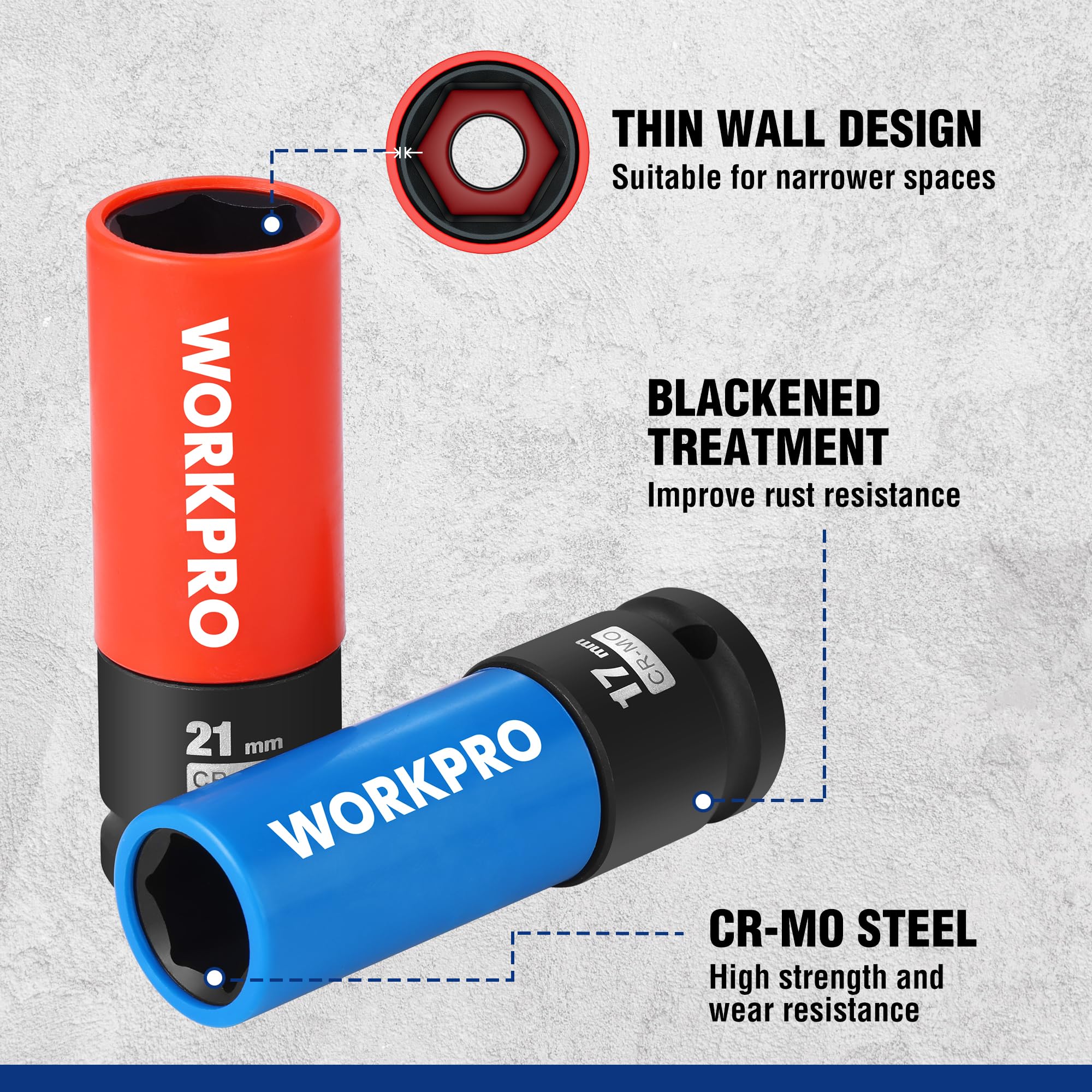 WORKPRO 1/2" Drive Lug Nut Impact Socket Set, 3 Pcs Thin Wall Nut Sockets, Metric Protective Wheel Nut Socket 17 mm, 19 mm - Image 4