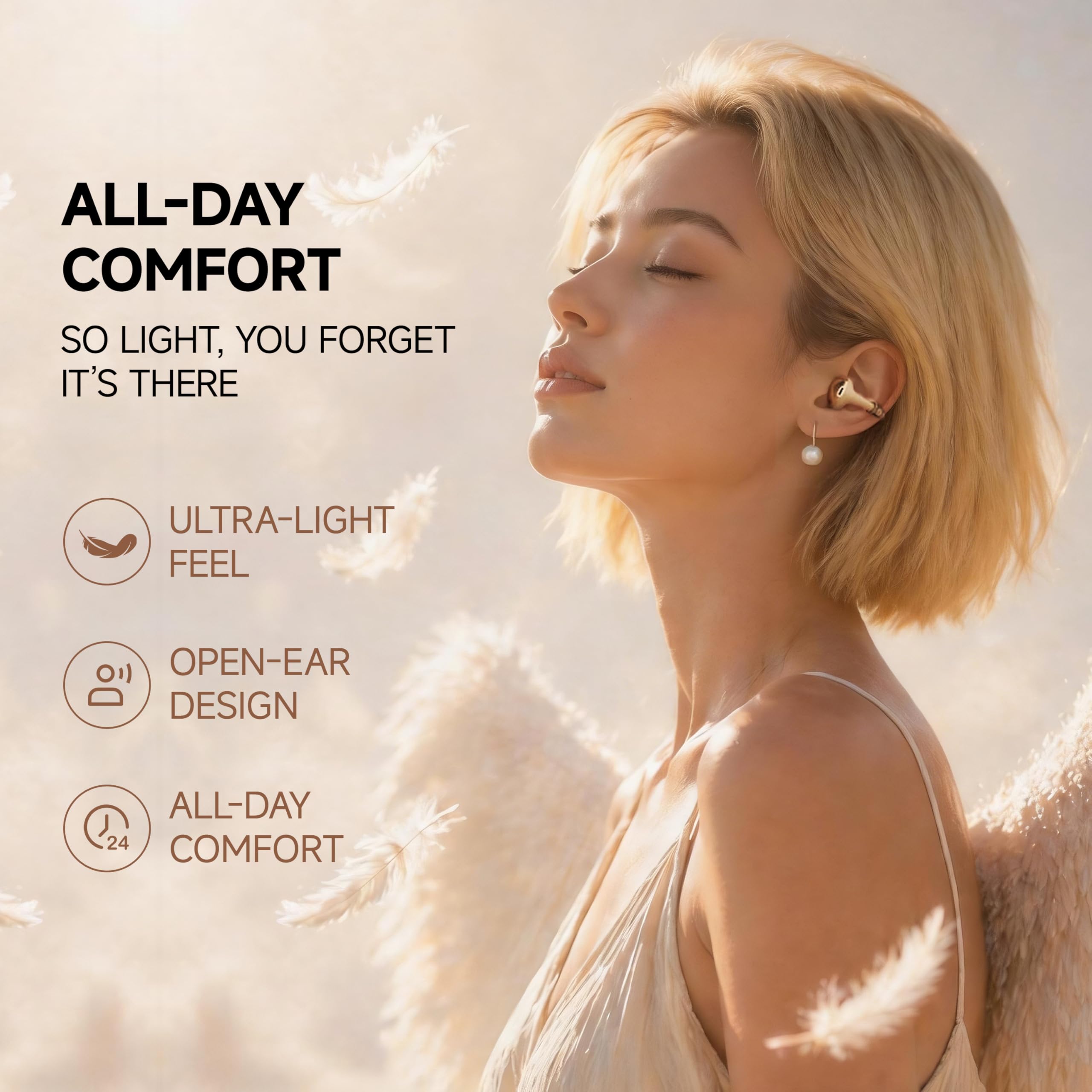BUTTONS Clip Open Ear Cuffie Bluetooth – KI Assistent HALI, driver in titanio da 12 mm, doppio audio + cavo osseo Ultracore, chiamate chiare, design a clip leggero, suono Hi-Res (oro)