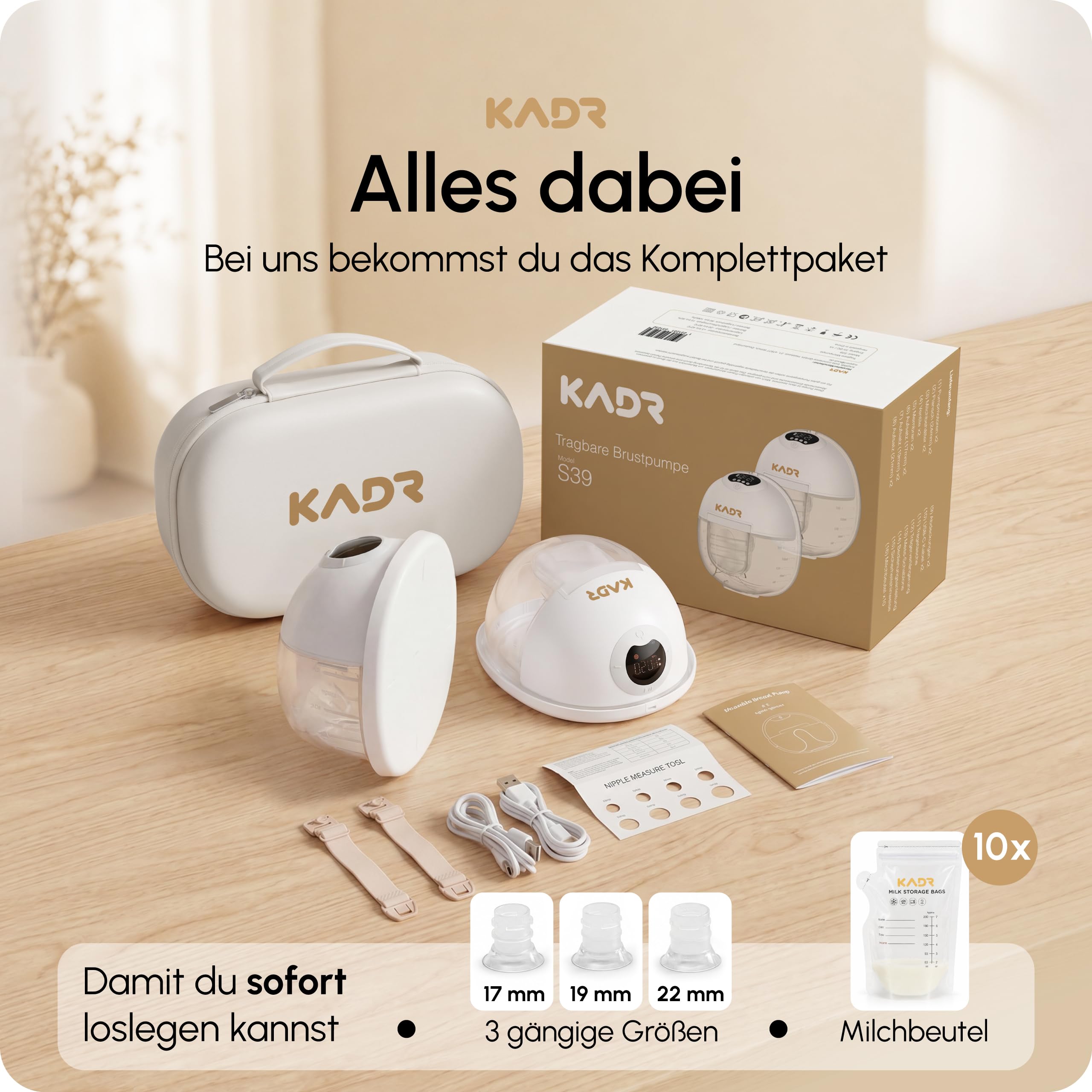 KADR Milchpumpe inkl. Milchbeutel elektrisch tragbar S39, Elektrische Milchpumpe freihändig 4 Modi 12 Stufen mit 17/19/21mm Flansch, mit Zubehör Weiss (2 Stück, Doppelpumpe) (1 Stück, Einzelpumpe)