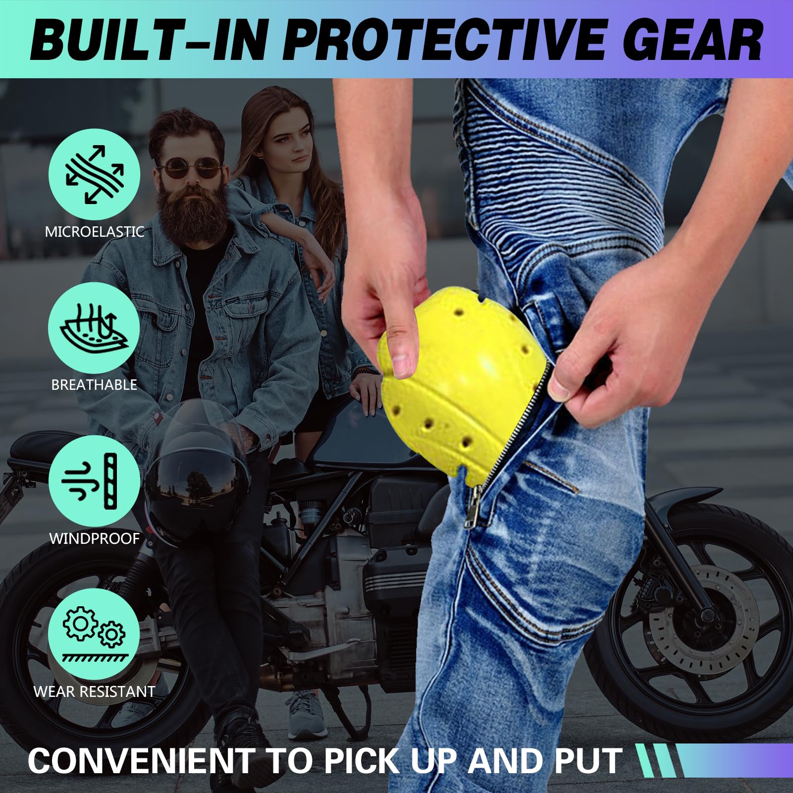 Pantaloni Moto Uomo/Donna con Protezioni, Jeans Moto Uomo/Donna Elasticizzati con Copertura Protettiva di Seconda Generazione, Marchio CE