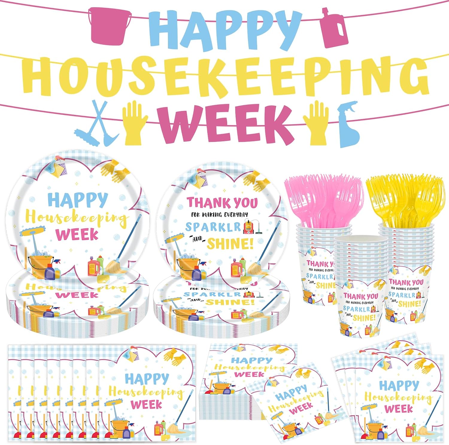 153 Pcs Happy Housekeeping Week Decorations We Appreciate You Tableware Thanks for All You Do Disposable Plates Cups Napkin Fork Banner for 25 Guests Housekeepers Appreciation Party Supplies Decor