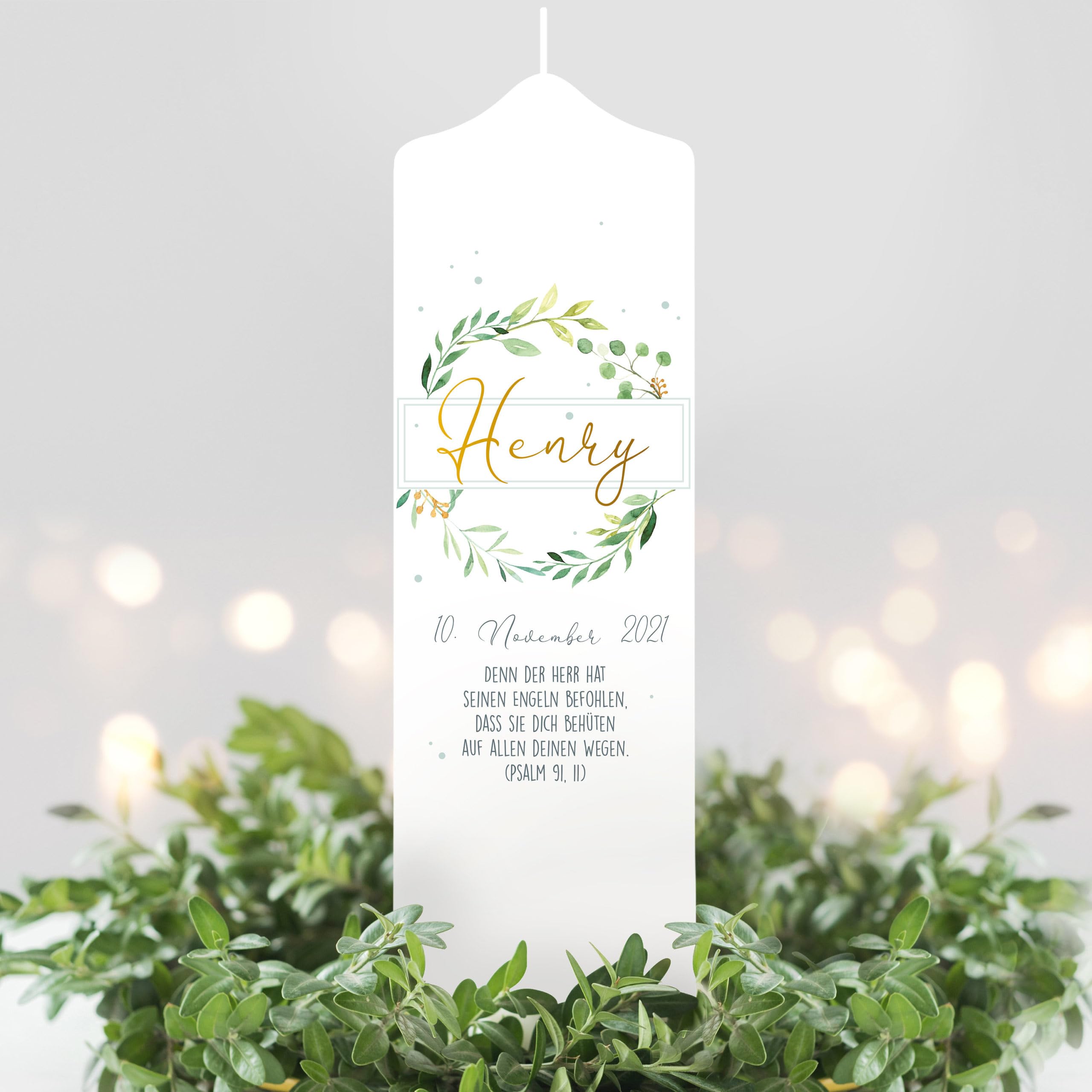 Wandtattoo Loft Taufkerze Junge Mädchen Baum Blätterkranz grün pastell bedruckt mit Namen, Datum und auf Wunsch eigenem, vorgegebenem oder keinem Taufspruch, Taufkerze 25 x 7 cm