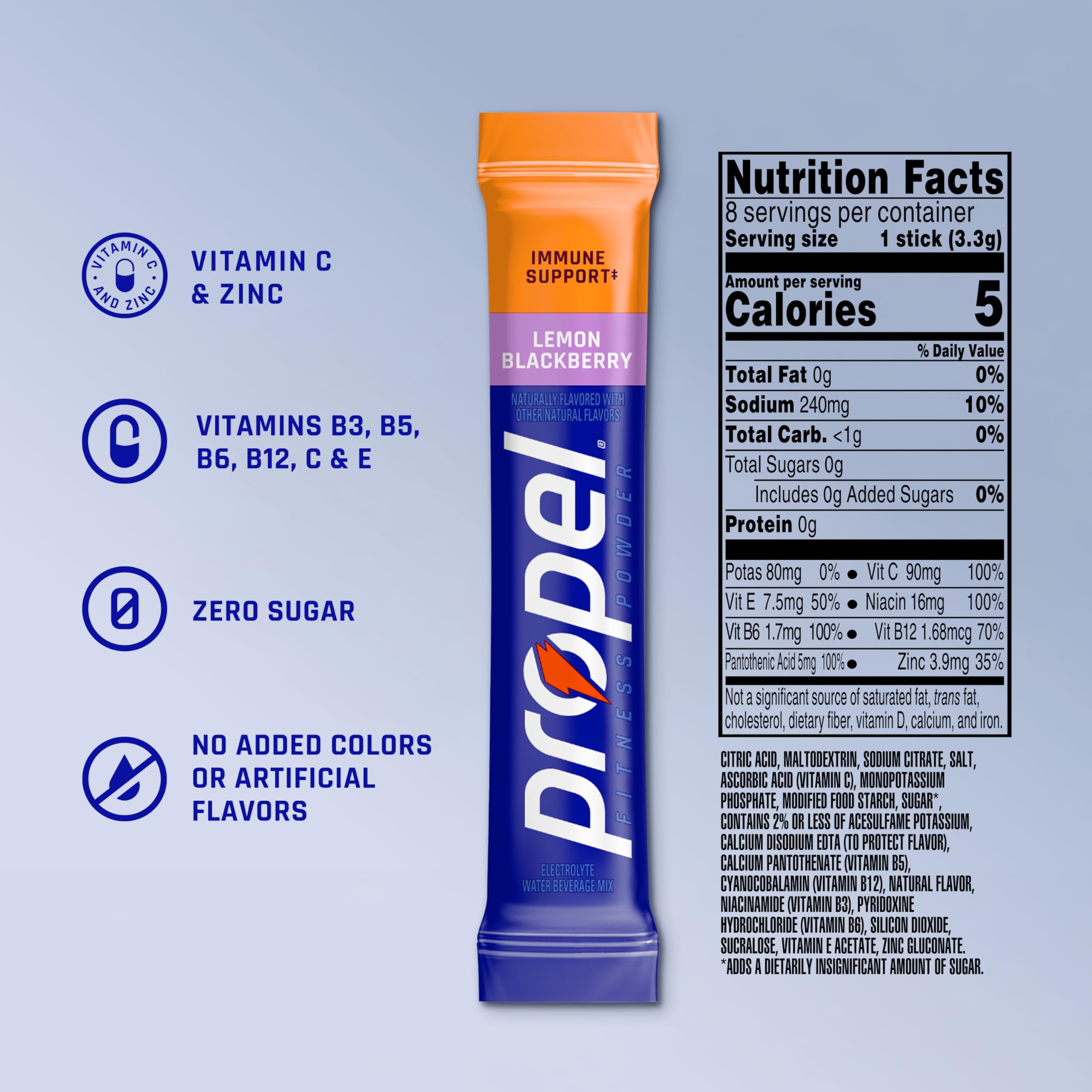 Propel Immune Support Electrolyte Powder Drink Mix, Lemon Blackberry, (96 Servings), 100% DV Vitamin C, Good Source of Zinc, Zero Sugar, Gatorade Electrolytes, No Added Colors, No Artificial Flavor