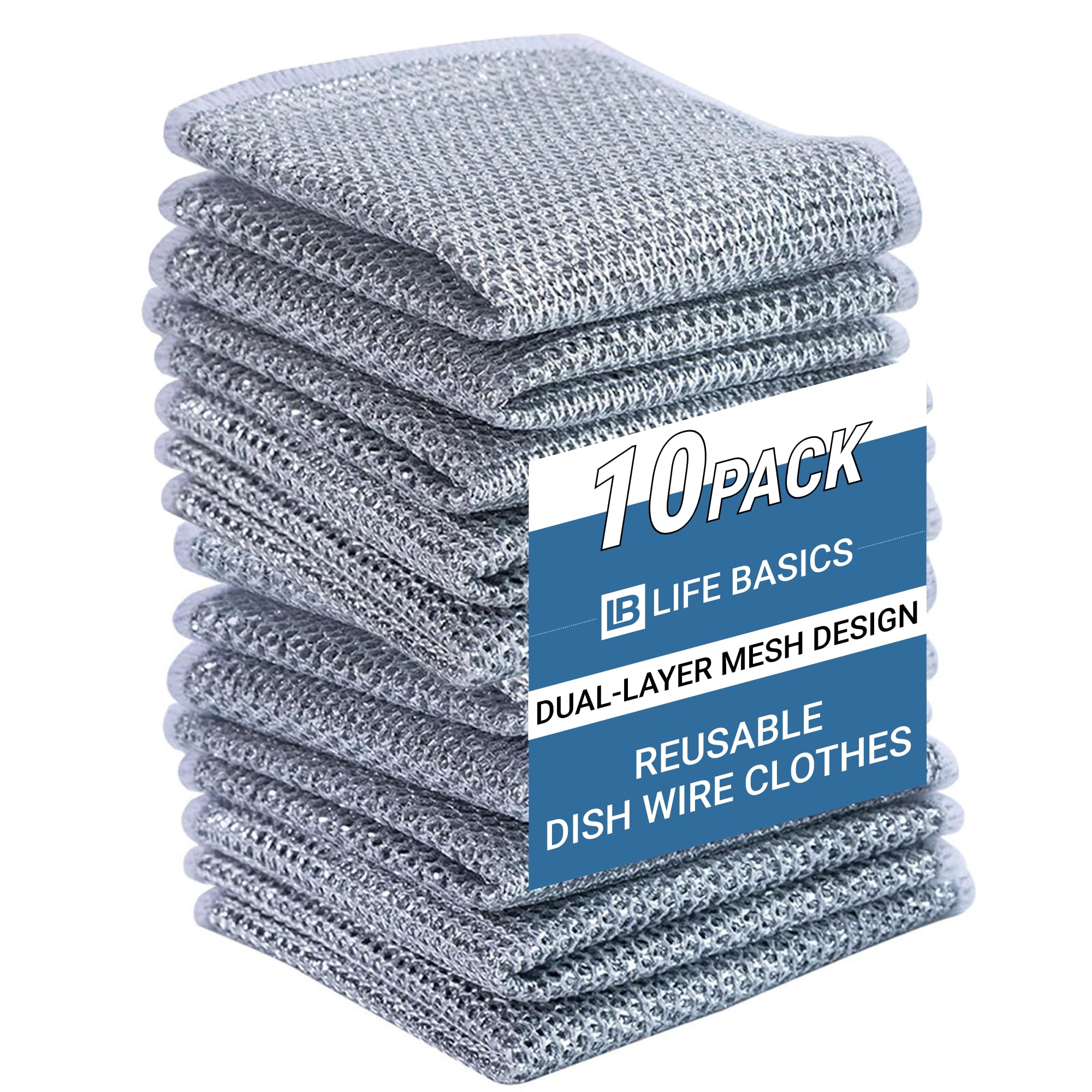 Non-Scratch Steel Scrubber Dish Cloths (Pack of 10) | Multipurpose Stainless-Steel Utensil Cleaner for Dishes, Sinks & Kitchen Surfaces | Wet & Dry Cleaning Pads