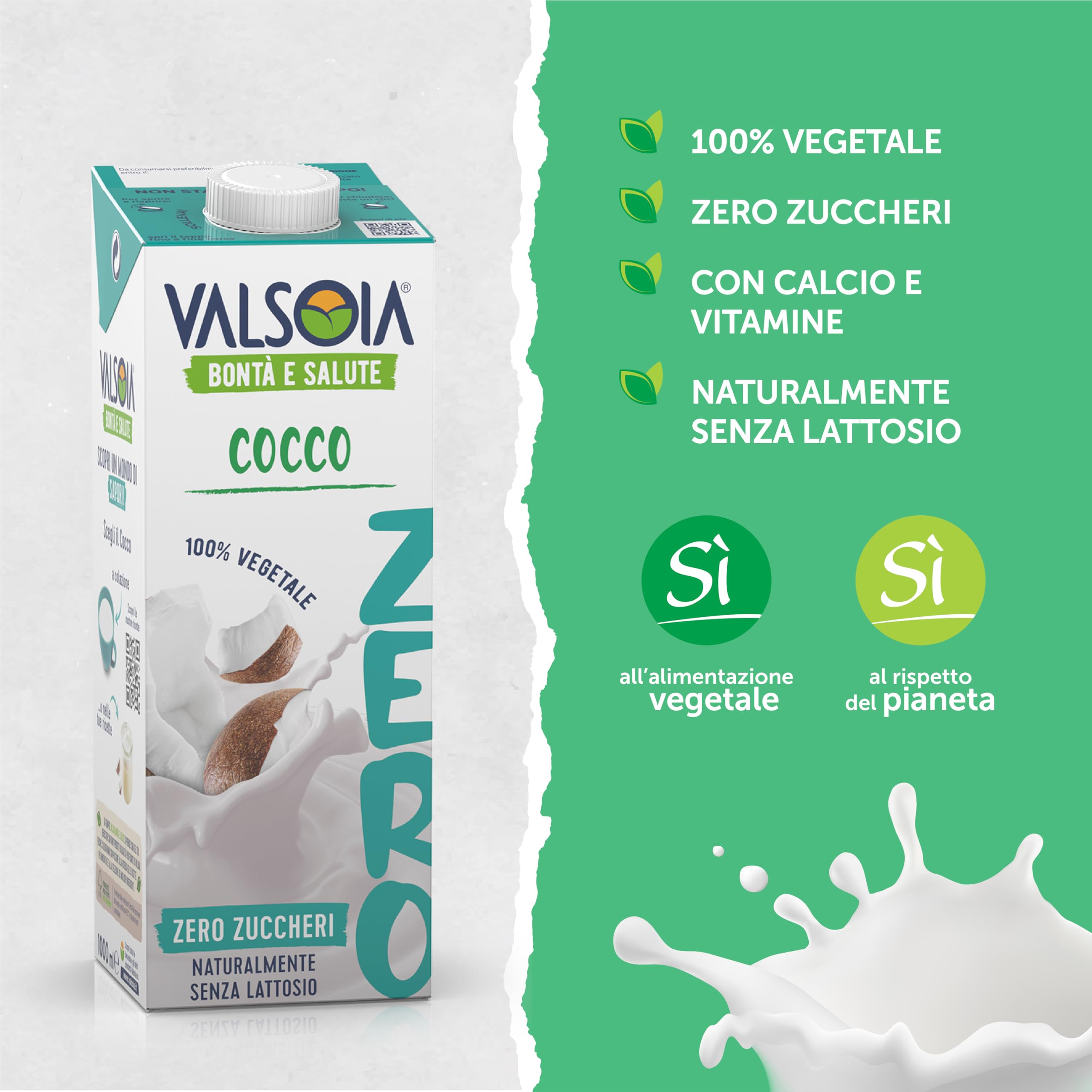 Valsoia - Bevanda Cocco Zero Zuccheri, Box da 10 Tetra Brik da 1000 ml, 100% Vegetale, Senza Lattosio, con Calcio e Vitamine, Ideale anche per Vegani, Vegetariani e Celiaci