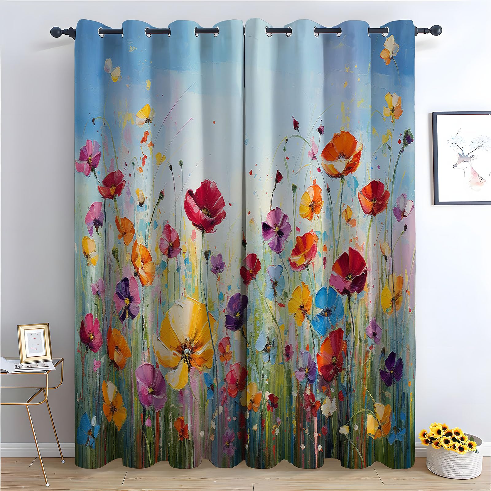 WIKEO Floral Blackout Curtains for Living Room Bedroom Colorful Beautiful Flowers Eyelet Curtain Botanical Thermal Insulated Noise Reducing Drapes Window Treatment-52 W x 96" L (Pack of 2)