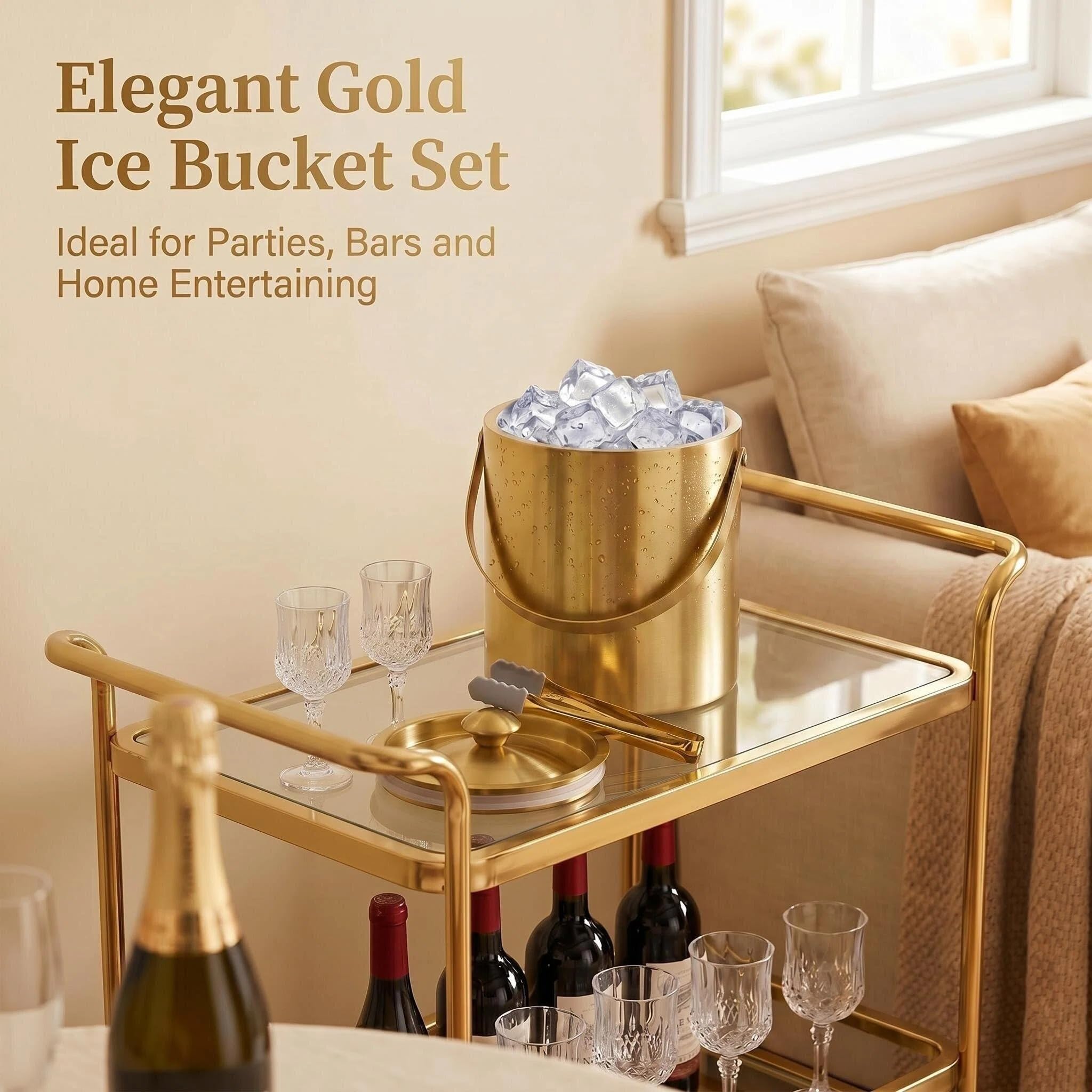 Eiskübel mit Deckel und Zange, doppelwandiger Weinkühler, 3 l, goldfarben | Isolierter Edelstahl-Eimer für Champagner, Wein, Bier, Partys, Barwagen, Outdoor-Unterhaltung, hält Eis länger