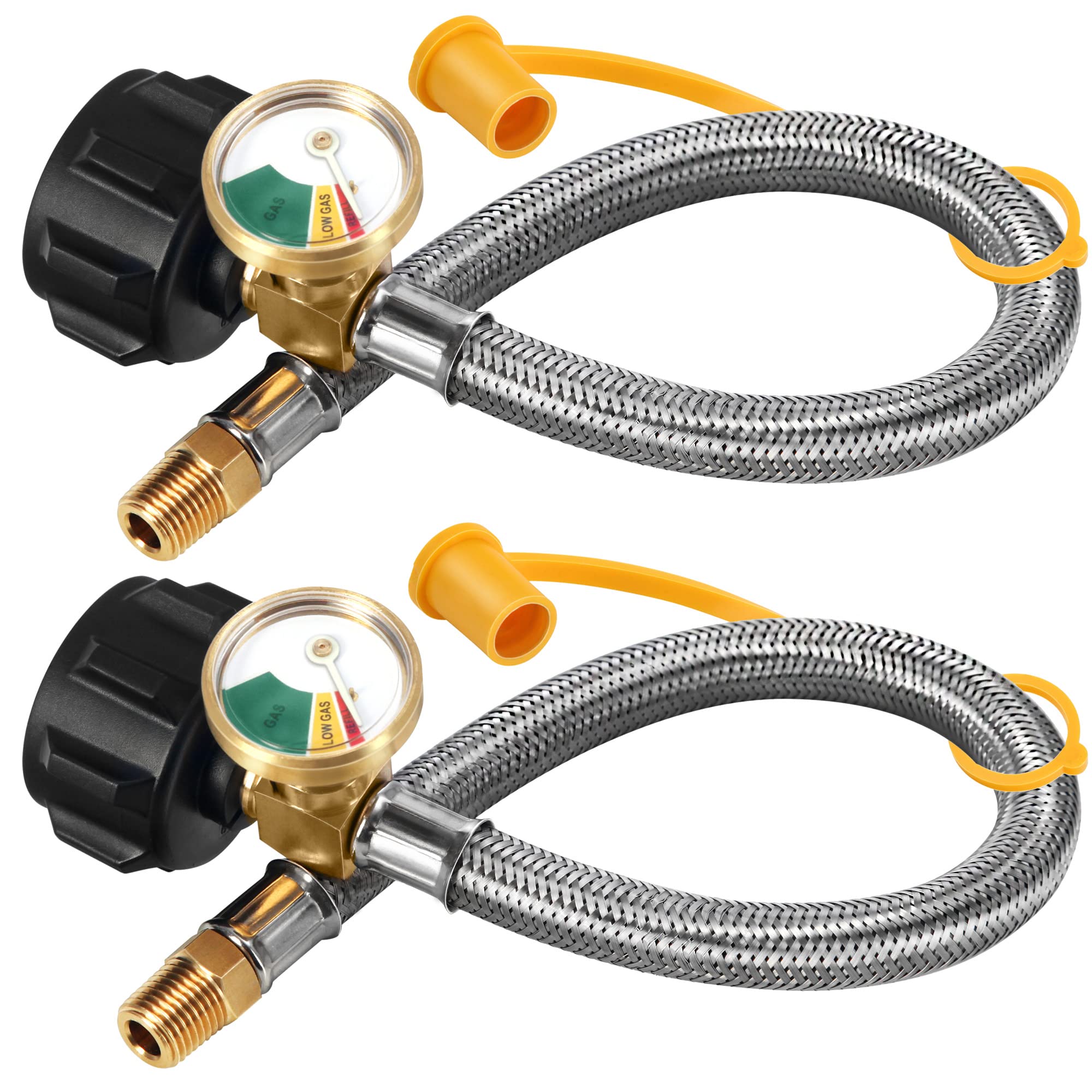 LONGADS 18 inch RV Propane Hoses with Gauge (Packs of 2), Stainless Steel Braided Camper Tank Hose,Rv lp Gas Hoses Connector for Standard Two-Stage Regulator, 40Lb 250PSI, 1/4 NPT /QCC1 Fittings
