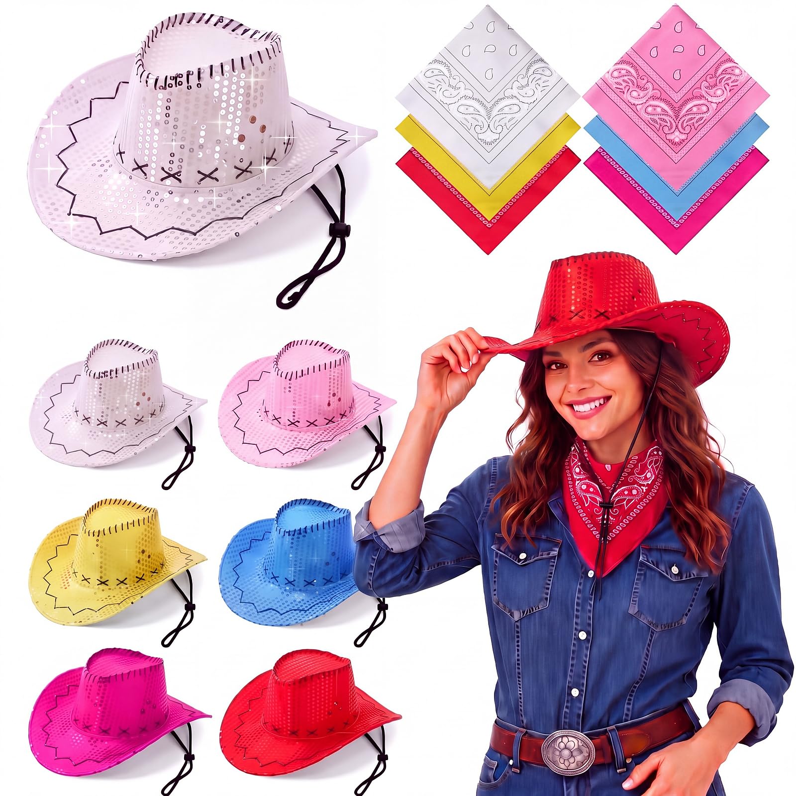 Zhanmai 12 Pcs Cowboy Hats Bulk, 6 Hats with 6 Bandanas