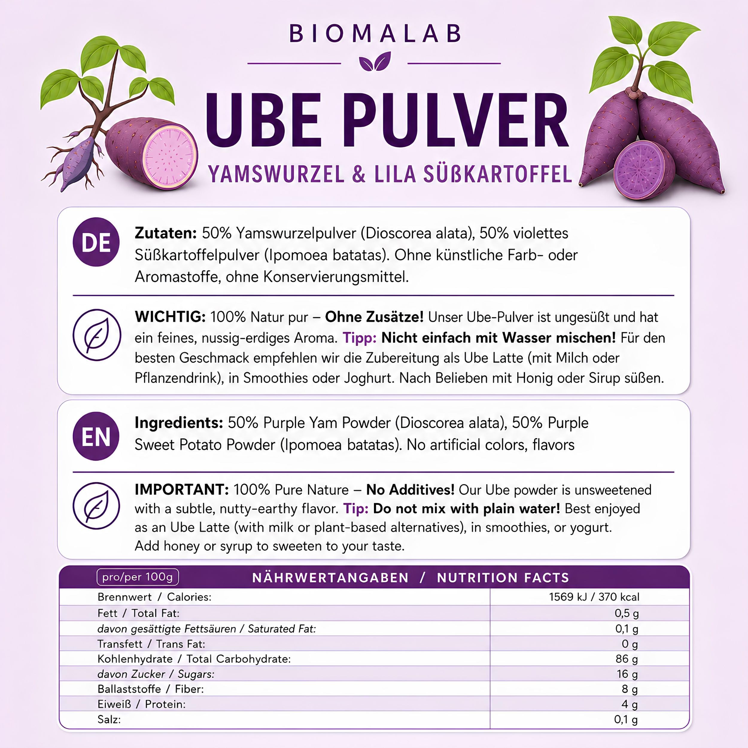 Biomalab Ube Pulver (140g Dose) – 100% Natürliche Yamswurzel & Lila Süßkartoffel – Original Premium Purple Yam Powder – Vegan, Glutenfrei & Ohne Zuckerzusatz – Ideal für Ube Latte, Bubble Tea & Backen