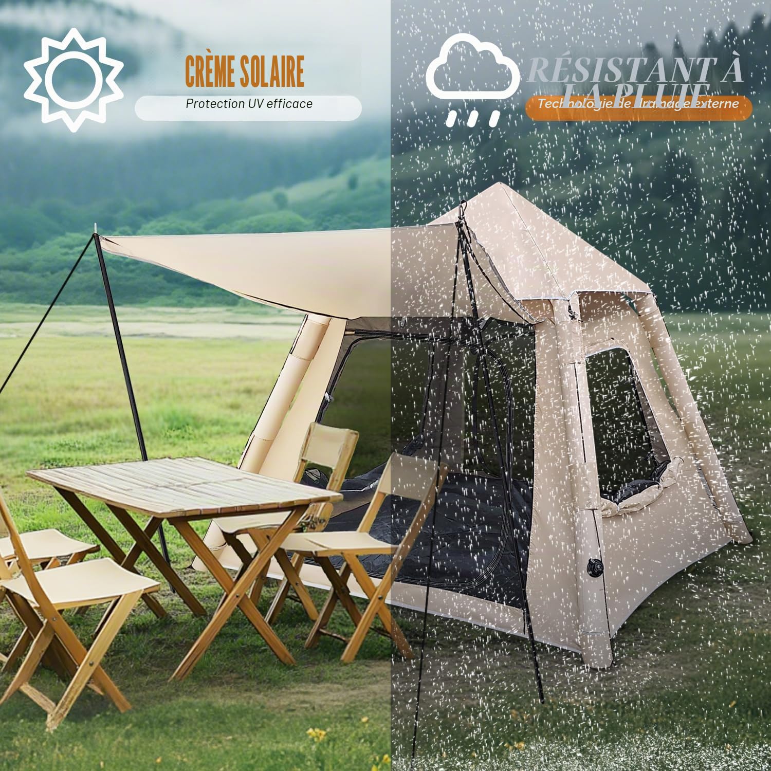 Tente de camping gonflable avec pompe pour 4 personnes, tente dôme gonflable avec sac de transport, tente de camping familiale 4 saisons, tente de camping 4 personnes, tente étanche pour camping et