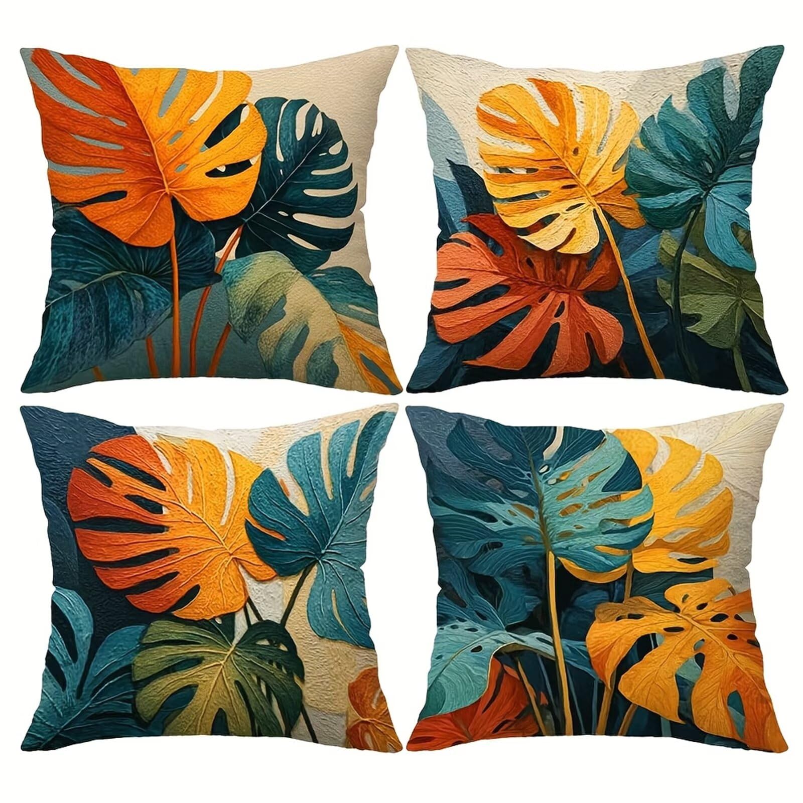 Heaen Outdoor Cushions Covers Waterproof 55x55 cm Set of 4 Square Linen Pillow Cases Watercolour Leaves Decorative Dushions for Sofa Porch Patio Home Decor