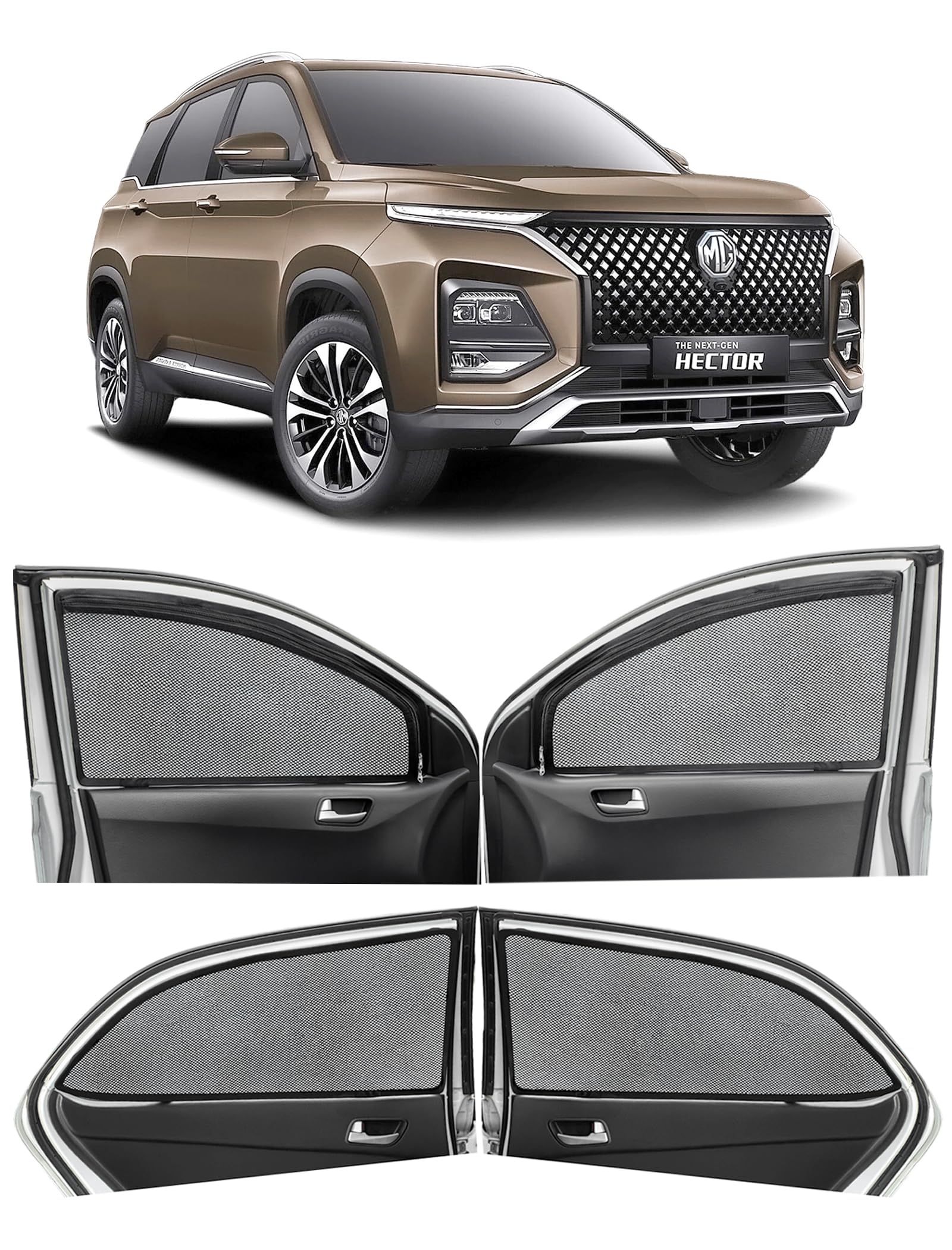 Autofact Magnetic Window Sunshades/Curtains for MG Hector [Set of 6pc with Zipper] (Black)