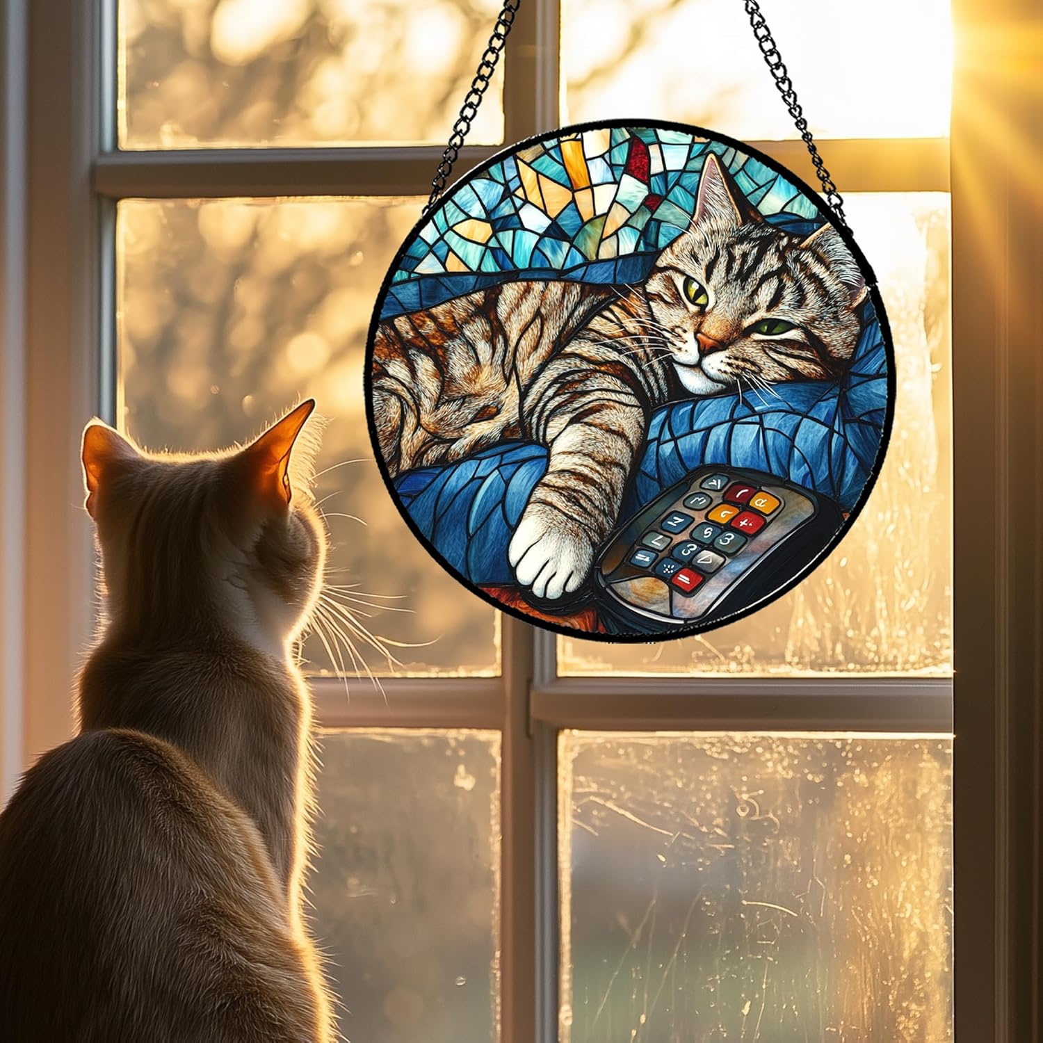 Stained Glass Window Hanging Gray Cat and Remote Control 9.8" - Suncatcher Door Garden Kitchen Sun Catcher Home Decor Birthday for Lost Pets Mom Men Woman Friend Grandma - Image 2