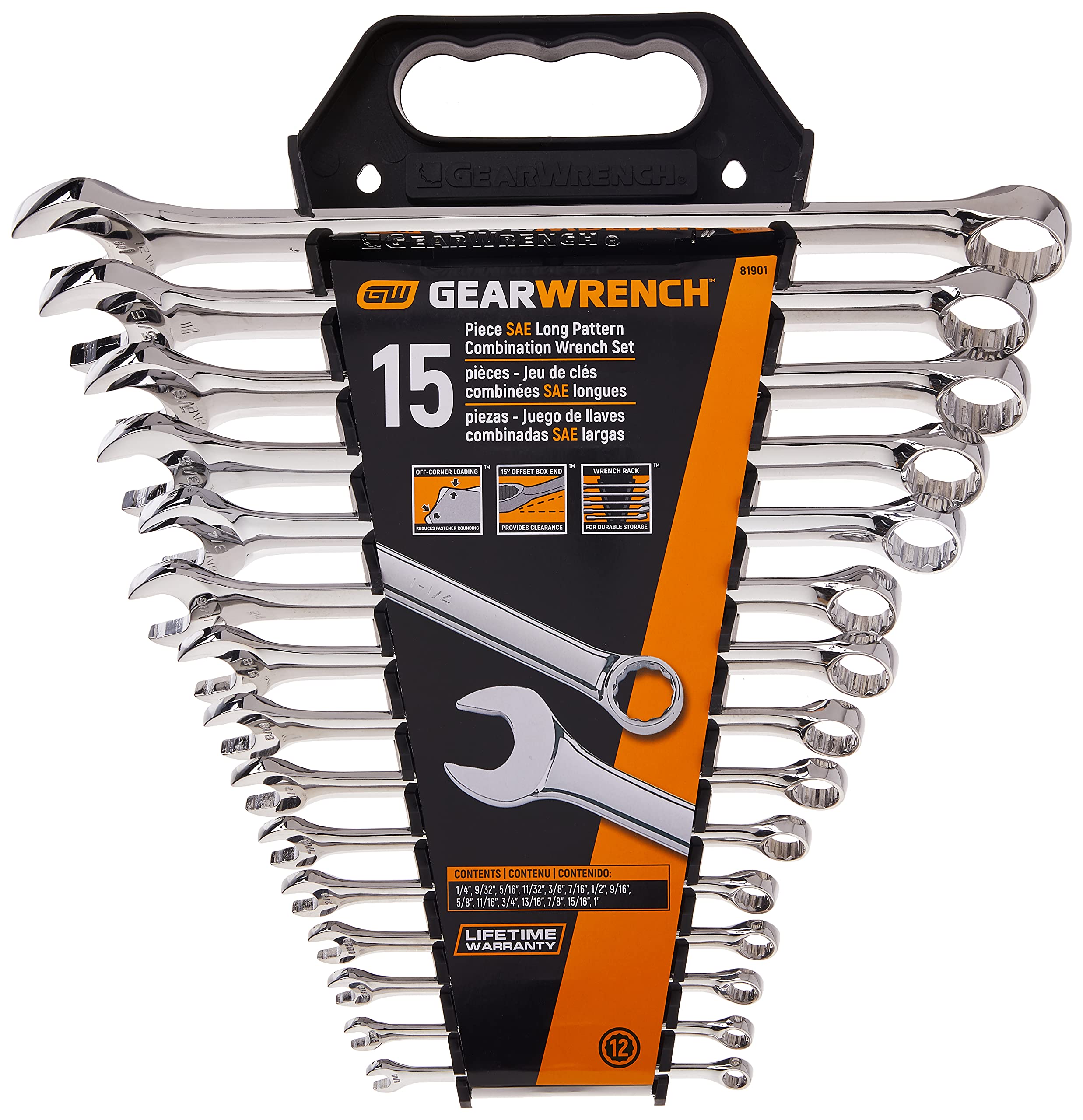 GEARWRENCH 15 szt. 12 szt. Zestaw kluczy kombinowanych z długim wzorem, SAE - 81901