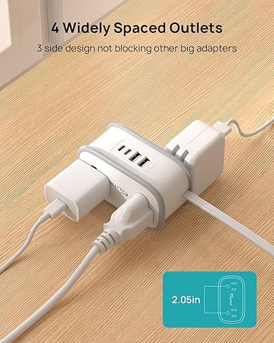 Miniatura 3 de Regleta de alimentación de viaje, cable de extensión de enchufe plano envuelto de 3.3 pies con 4 tomas de corriente, 4 puertos USB (2 USB C),