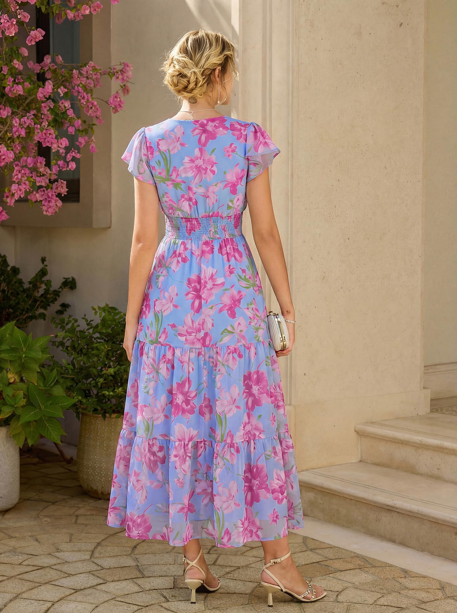 GRACE KARIN Abito estivo da donna con scollo a V, motivo floreale, con tasche, maniche a volant, linea ad A, aderente in vita
