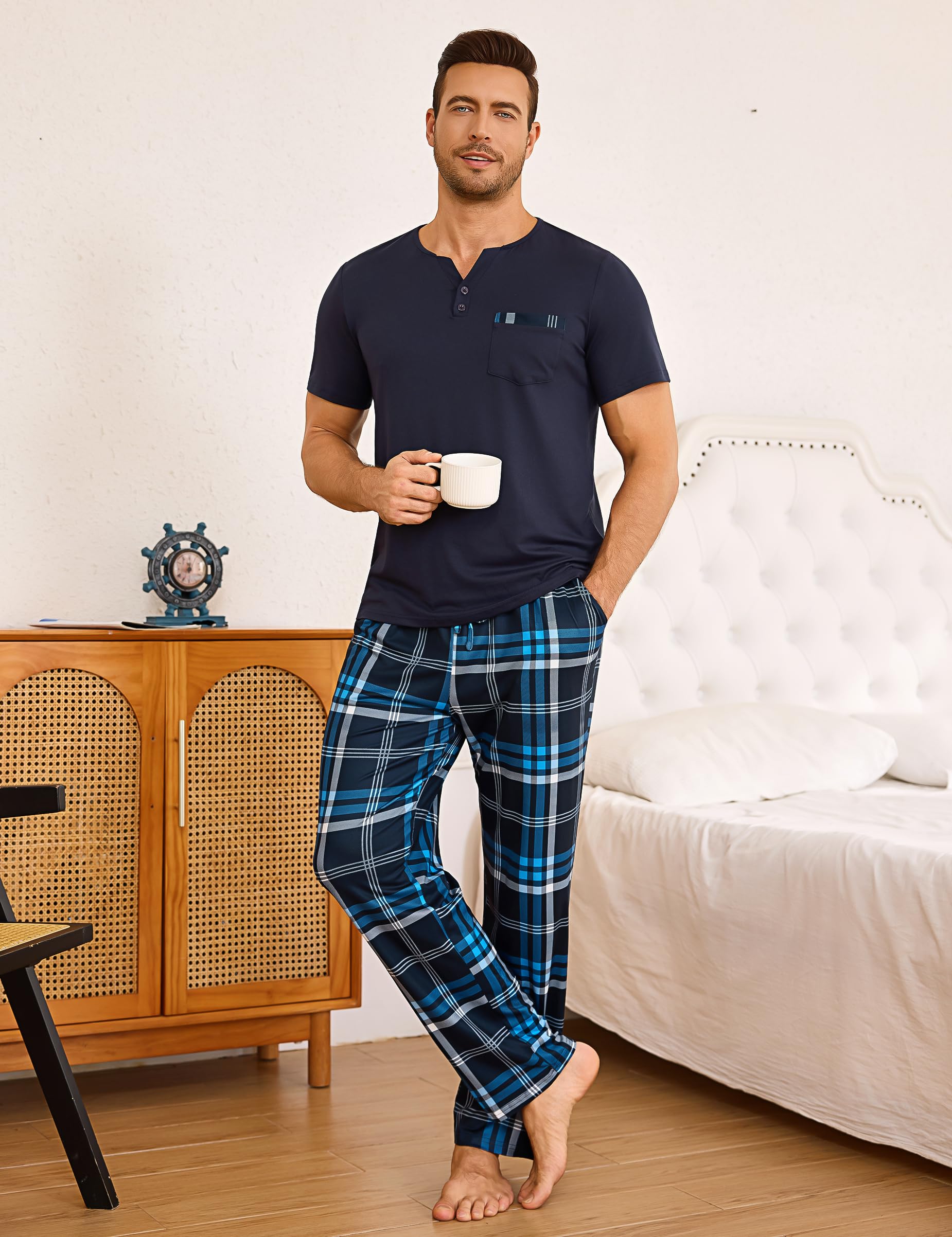 Bresdk Pijama Hombre Invierno Algodón Conjunto de Pijamas con Camiseta Manga Corta y Largos Pantalones con Bolsillos y Cordón 2 Piezas S-3XL