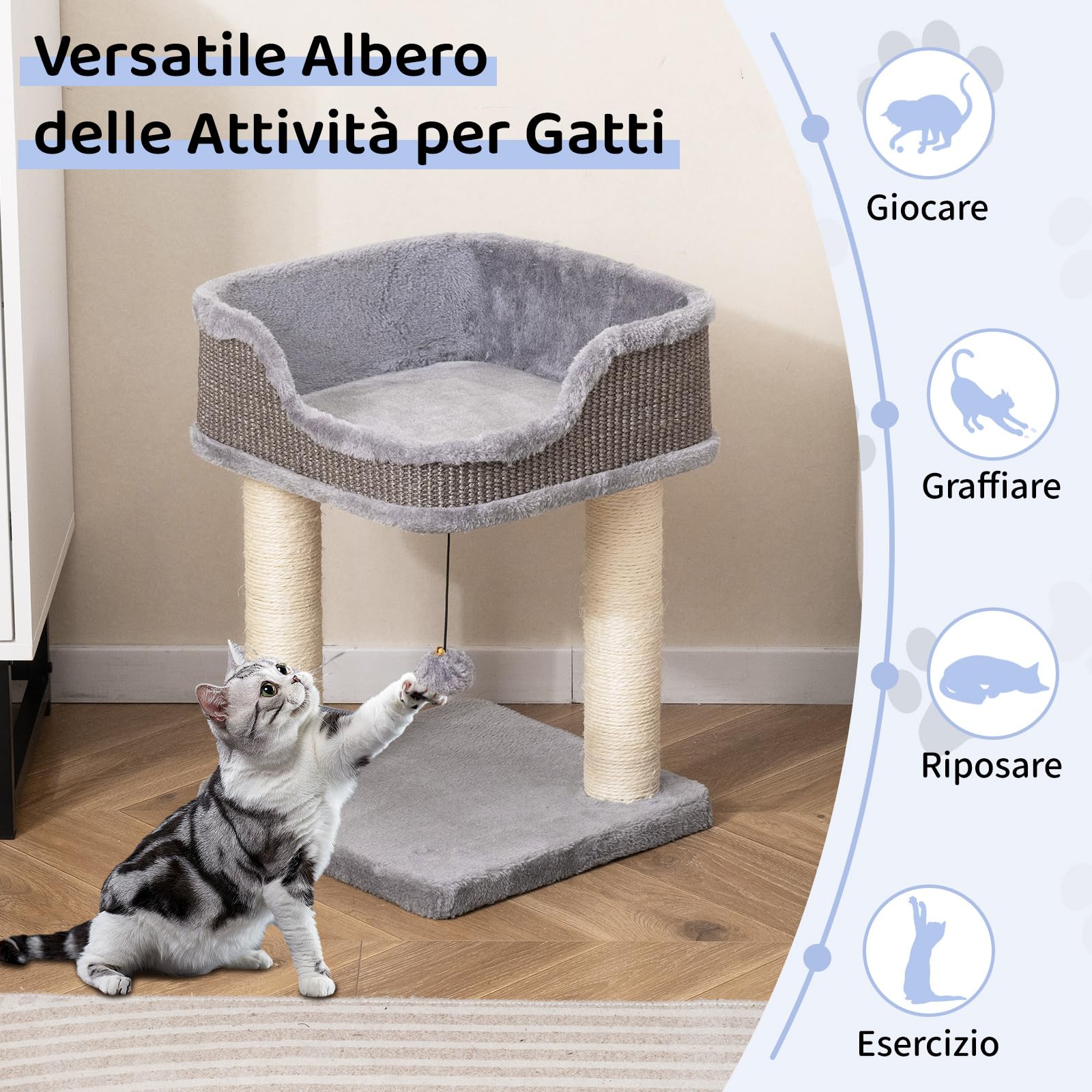 COSTWAY Albero per Gatti 38 x 38,5 x 51 cm, Tiragraffi per Gatti con Posatoio in Peluche, Pali Graffianti in Sisal e Palla Pendente, Centro Attività Moderno per Animali Domestici (Grigio)