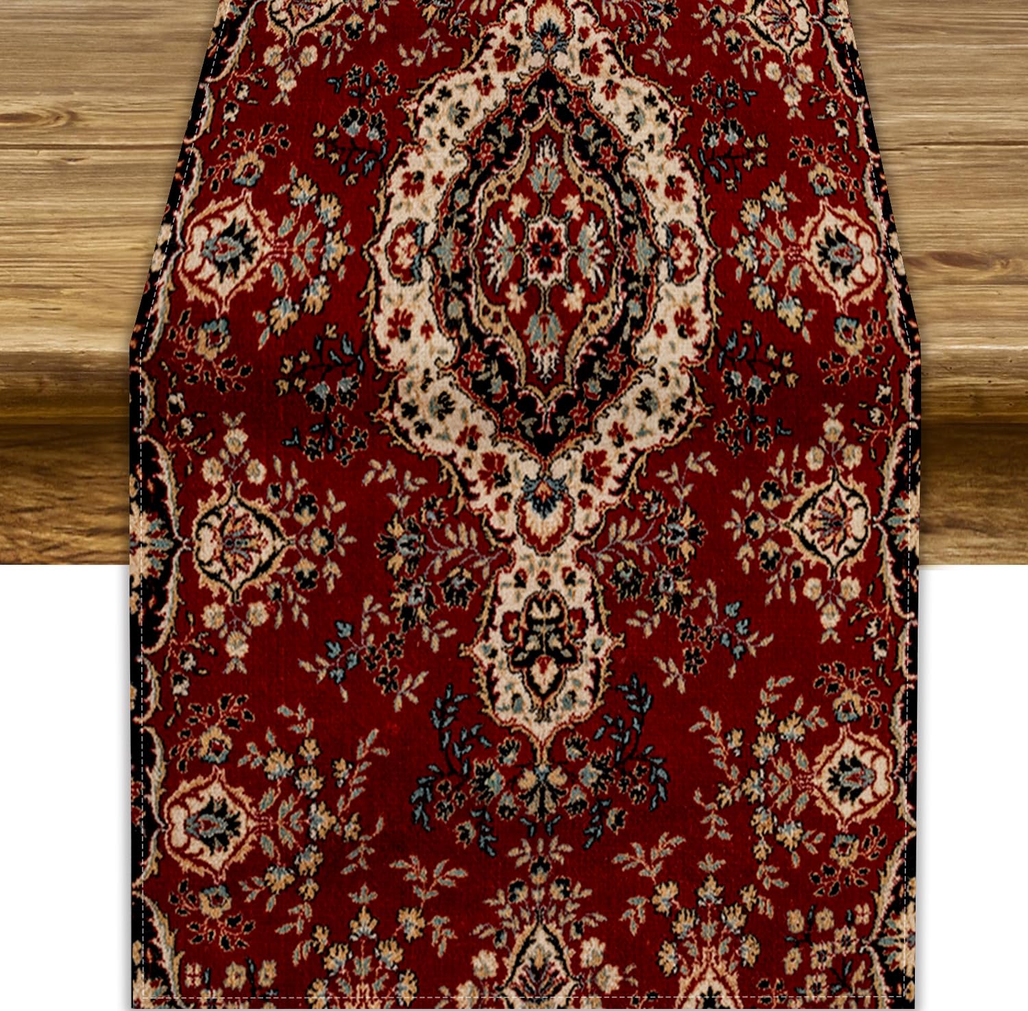 Tyvgicz Carpet-4 Boho Bohemia Table Runner, Dark Red Vintage Carpet Design Country Rustic Farmhouse Magical Table Runner Party Kitchen Dining 13X36 Inch