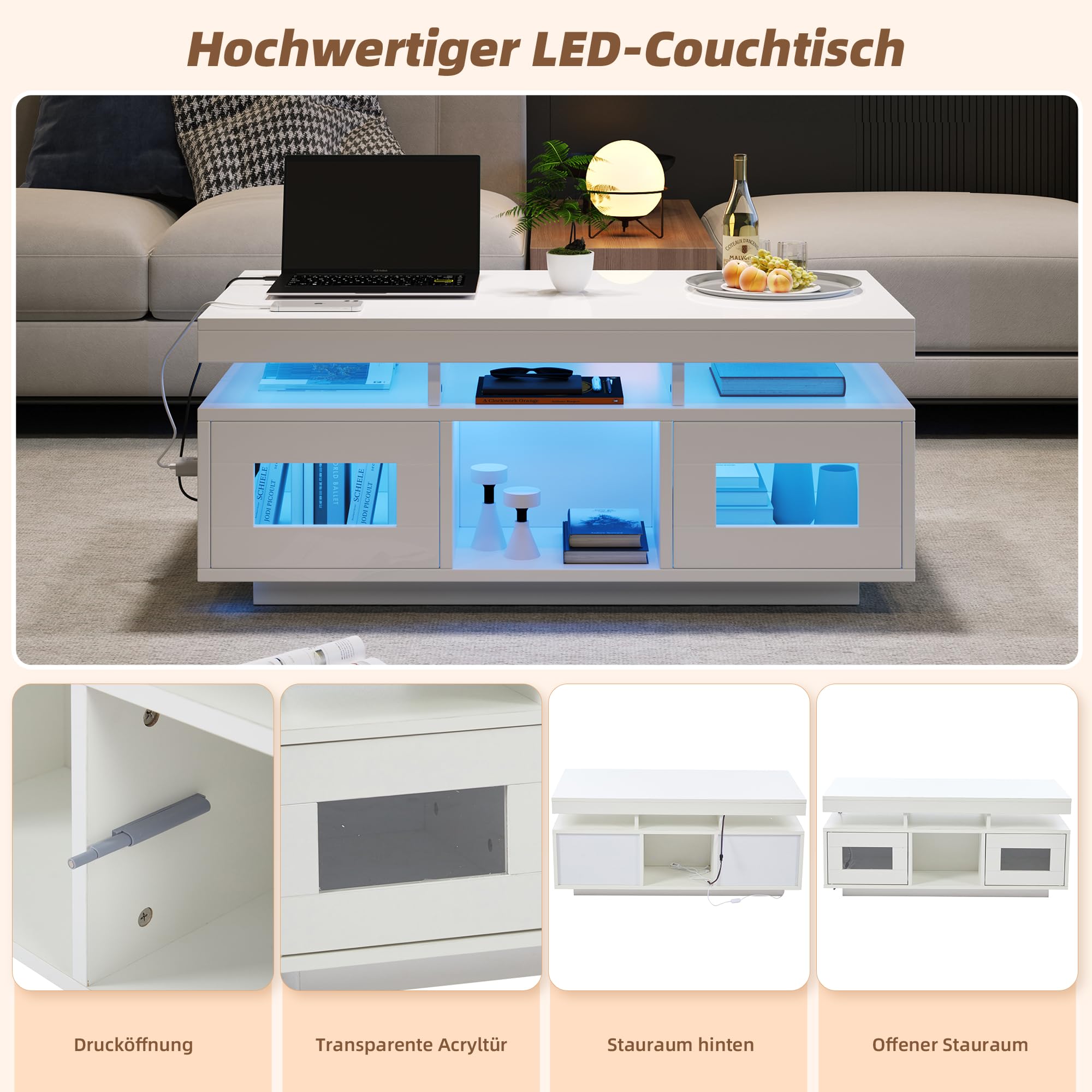Merax Couchtisch Weiß, Wohnzimmertisch Hochglanz mit LED Beleuchtung, Beistelltisch Kaffeetisch mit Schrank & Offene Staufächer, Sofatisch mit Ladeanschluss, Rechteckiger Mitteltisch, 100×50×43cm