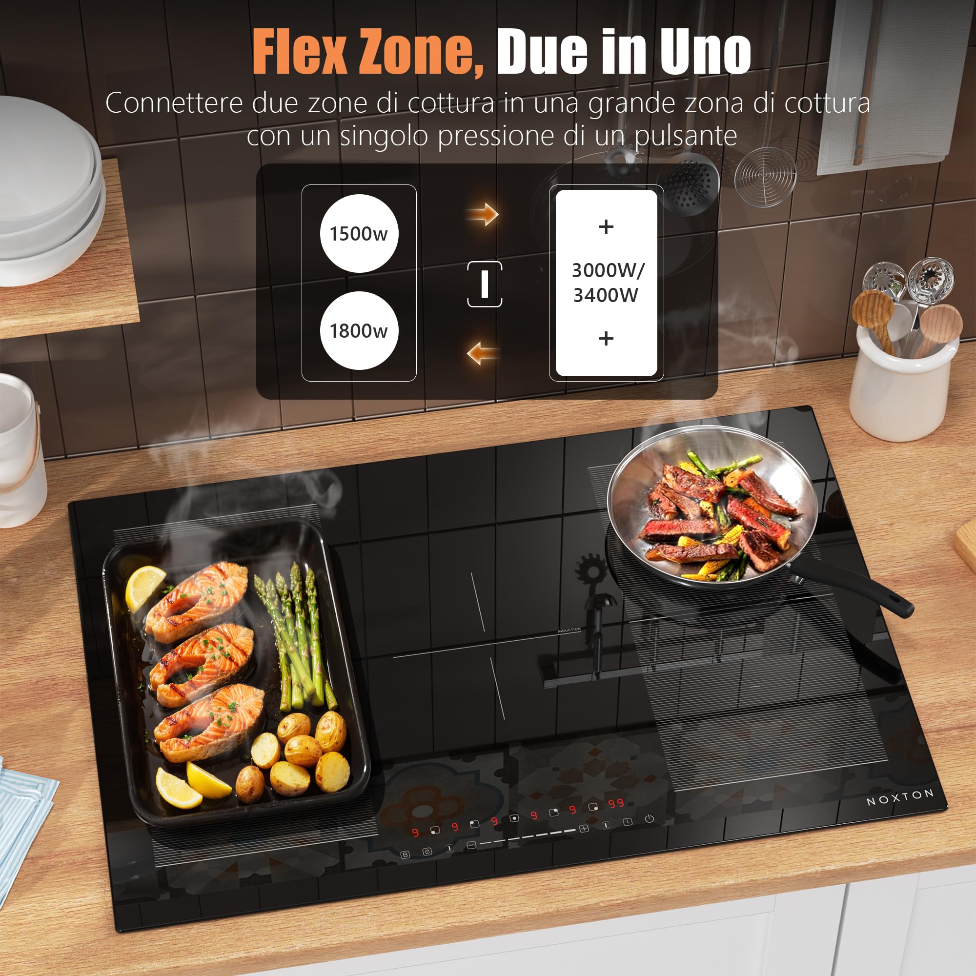 NOXTON Piano Cottura Induzione 5 Fuochi, 77 cm Piano Cottura Elettrico 5 Piastre da Incasso, 7200W Domino Piastra ad Induzione di Scivolo con Flessible Zona, Boost, Timer, Blocco di Sicurezza