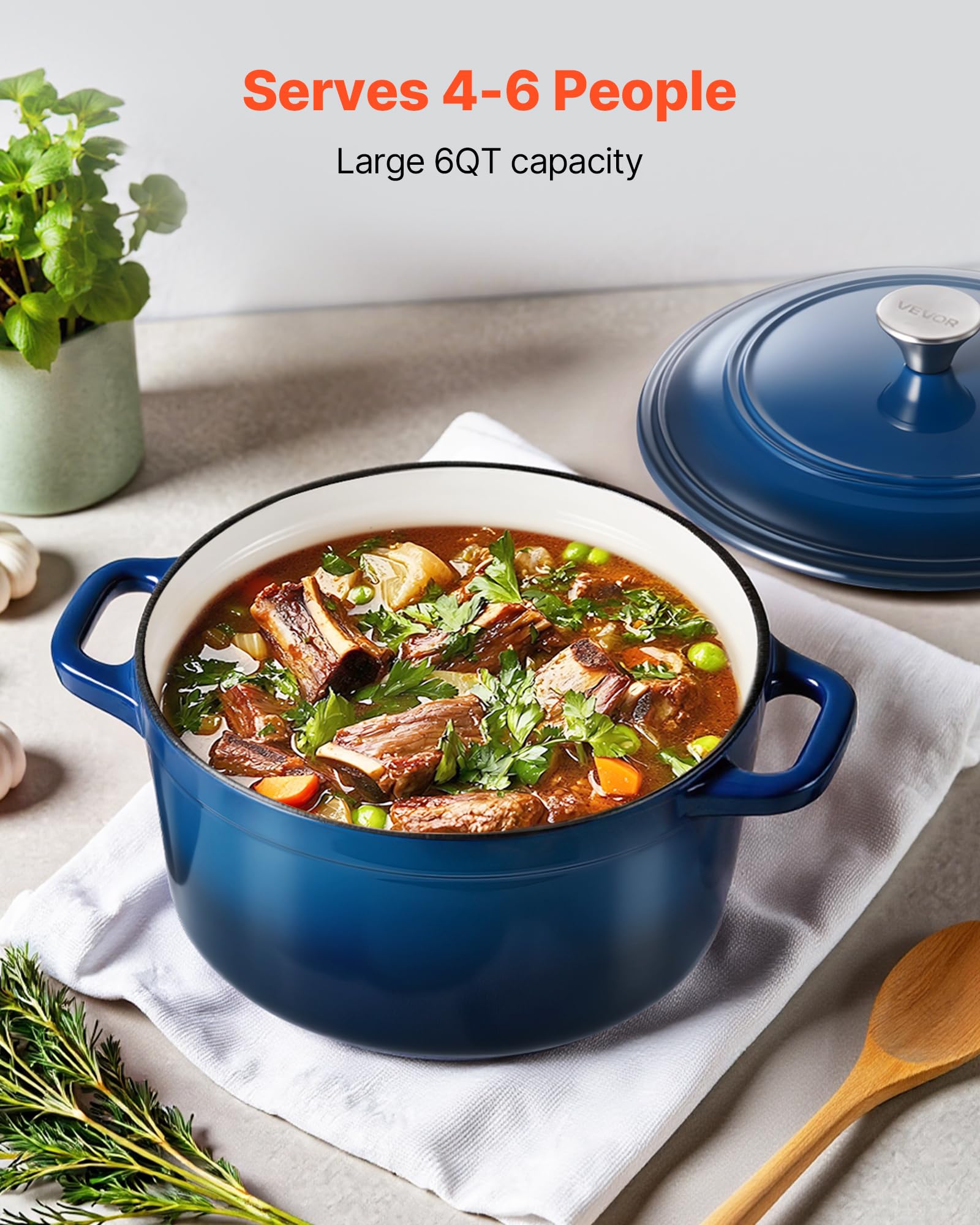 VEVOR Cocotte en fonte 5,68 L, marmite émaillée avec couvercle et deux poignées, robuste et durable, pour les fours à induction jusqu'à 260 °C, pour braiser, mijoter, rôtir et cuire le pain, bleu