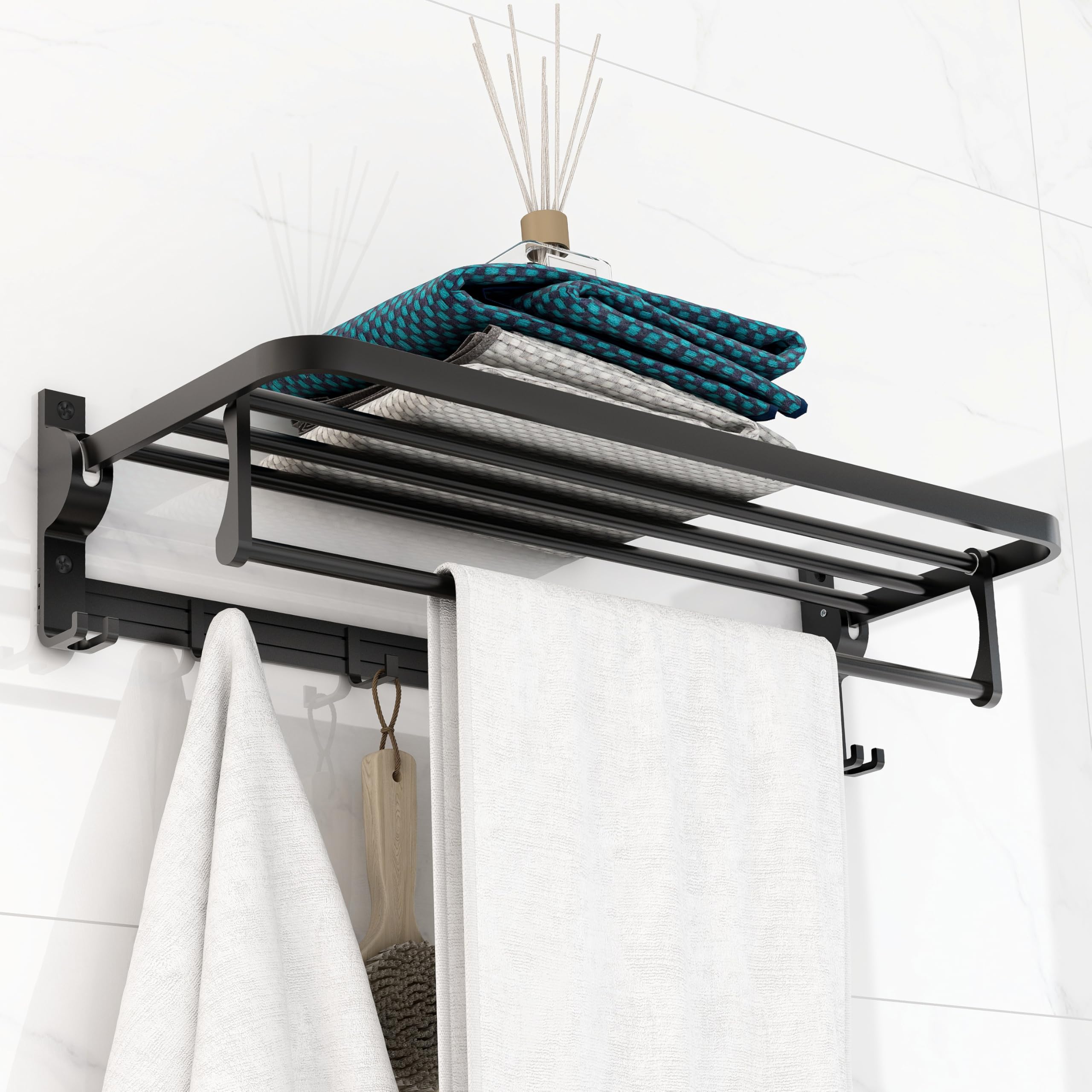 Plantex Aluminium Folding Towel Rack with Swivel Towel Rod/Towel Hanger for Bathroom/Towel Hanger with Hooks/Bathroom Accessories (24 Inch) Black