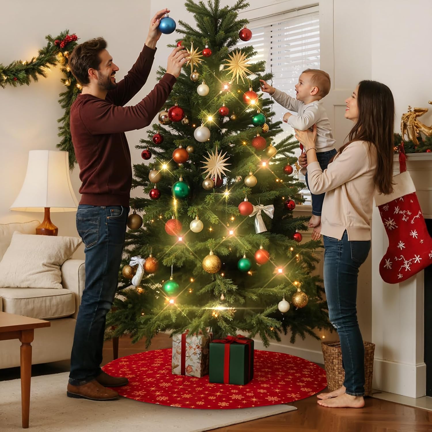 Lanpn Christmas Tree Skirt 60 inch, Velvet Xmas Tree Skirt with Snowflake Winter Christmas Tree Mat for Extra Large Artificial Trees Winter Home Party Holiday Indoor Xmas Decorations (Red, 150cm)