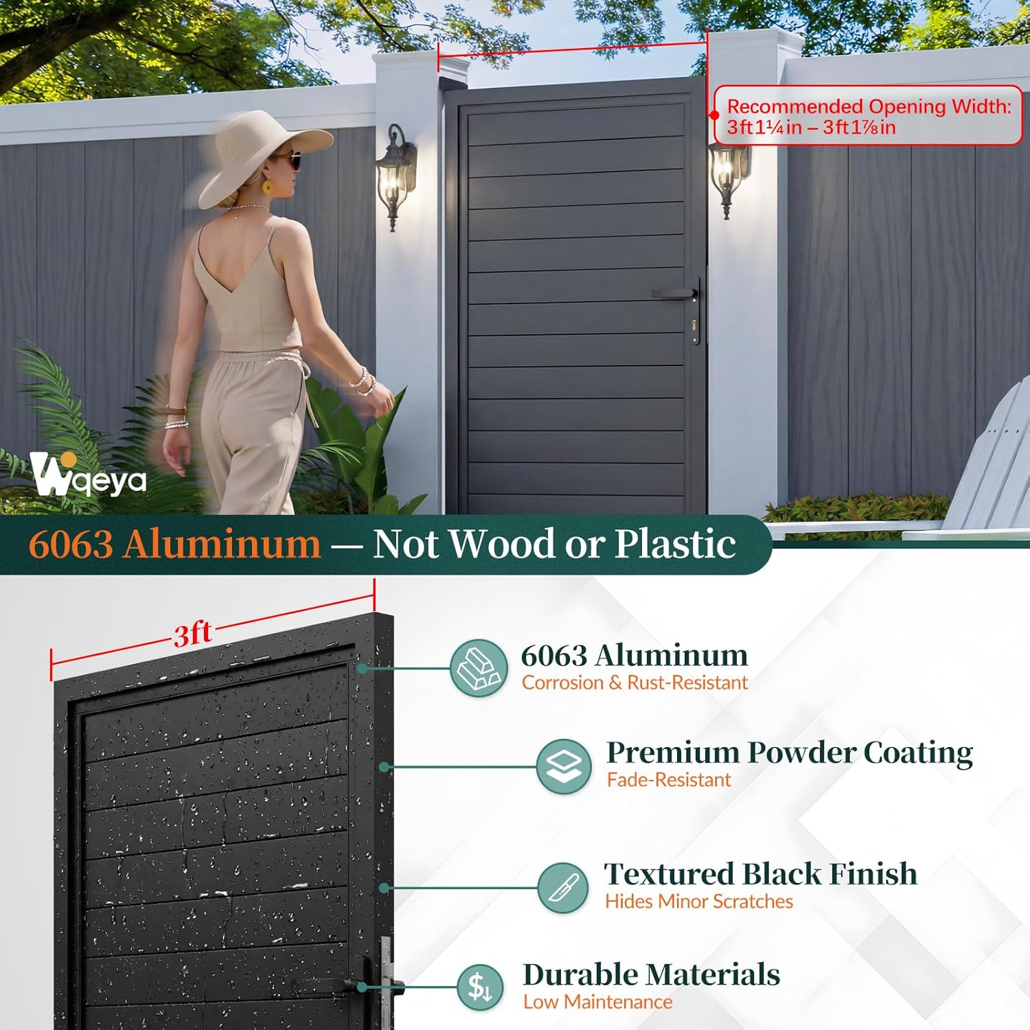 H.6ft x W.3ft Aluminum Privacy Yard Gate, Fully Welded, No Assembly, No Sagging, Black Outdoor Fence Gate with Lock Kit, AAMA 2604 Finish, for Yard & Pool Entry (with Top/Bottom Hinges)