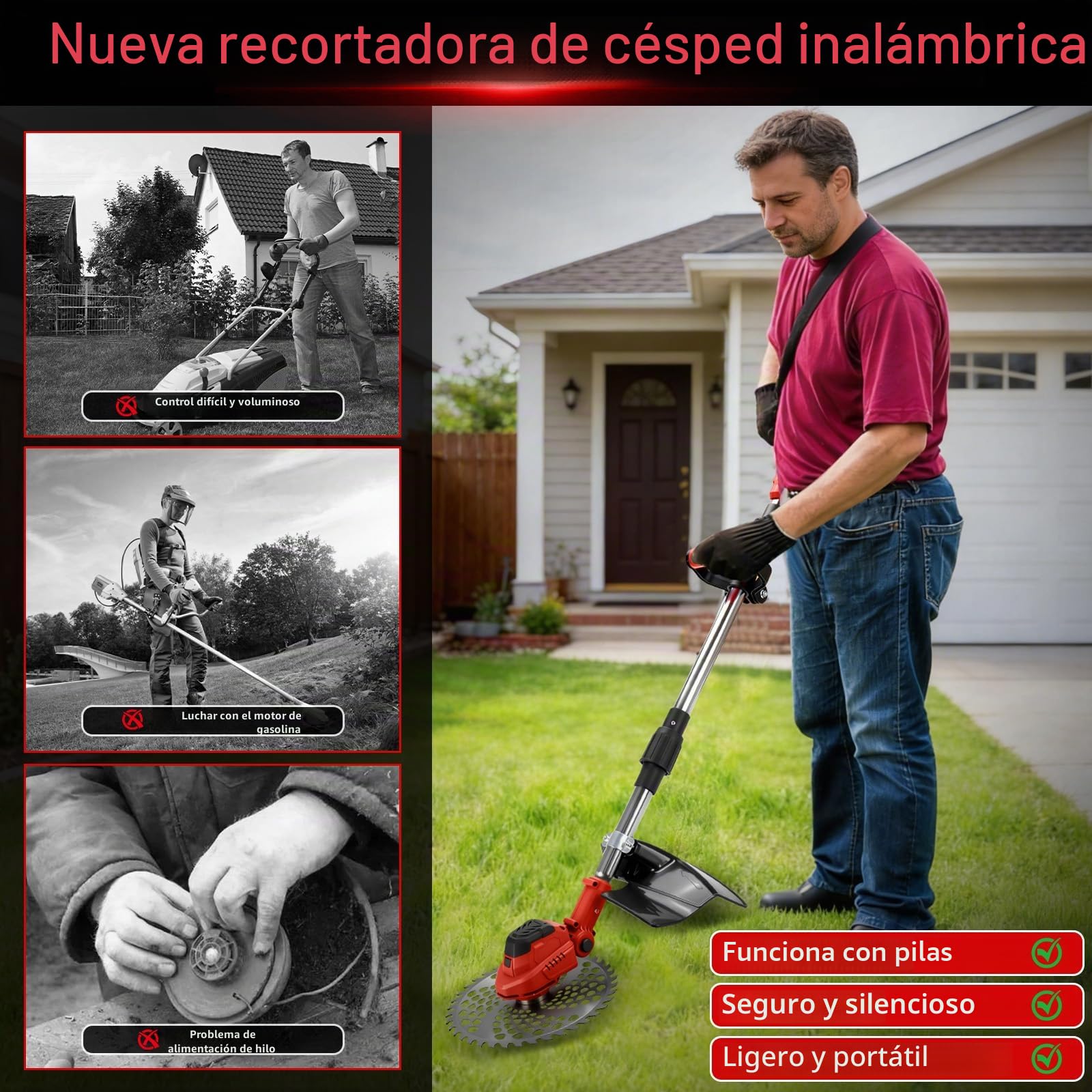 Desbrozadora a Batería para Makita 18V, Cortabordes Eléctrico | cepillo de malas hierbas, mango telescópico 100 – 140 cm, ancho de corte de 24 cm) para podar césped de jardín (sin batería)