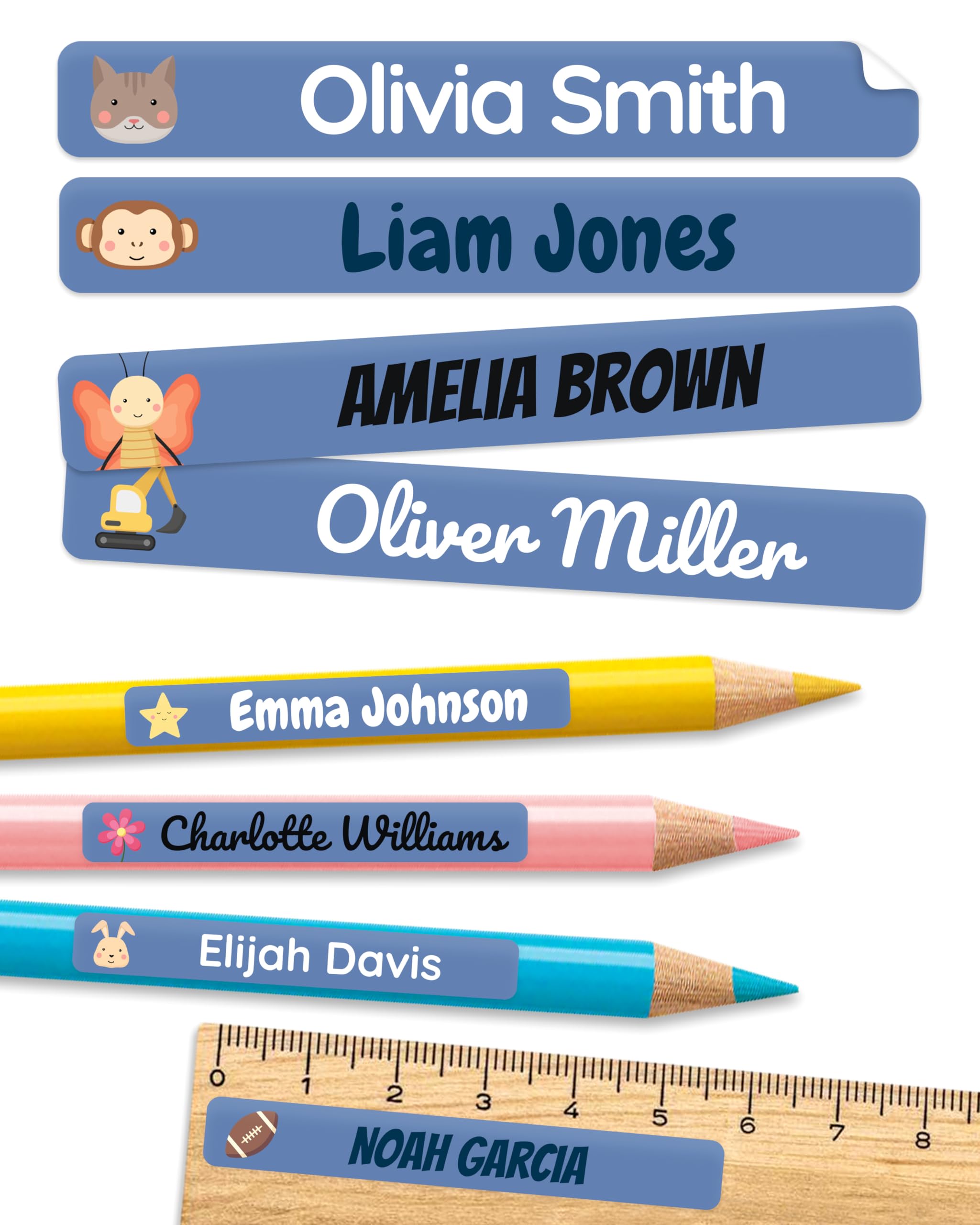 Personalized Kids Name Labels for Pencils Dark Blue [75pcs] - Waterproof Name Stickers for School & Daycare - Pencil Custom Name Stickers - Children