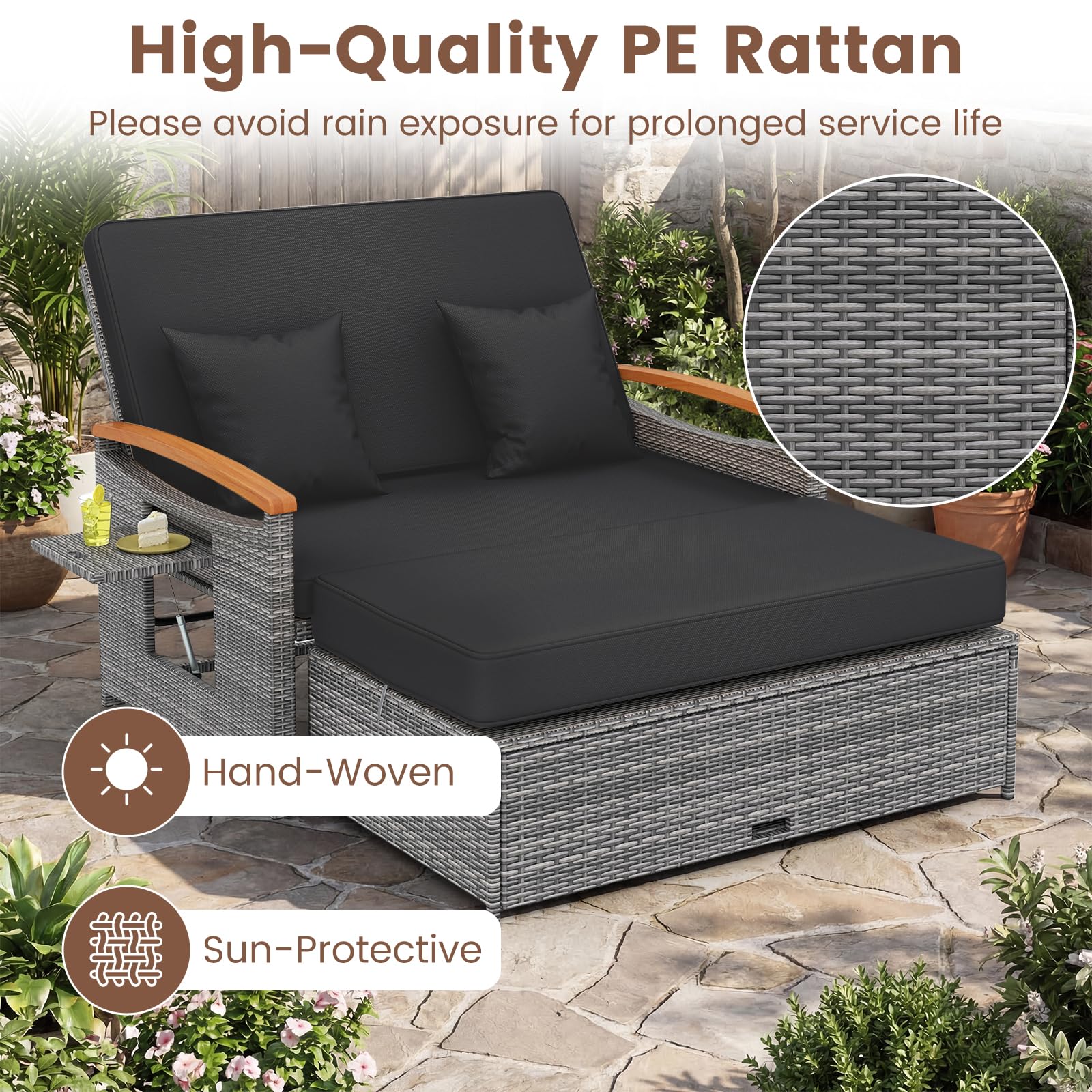 GIANTEX Meuble Extérieur 2 Pièces en Rotin PE avec Ottoman (Gris + Noir)