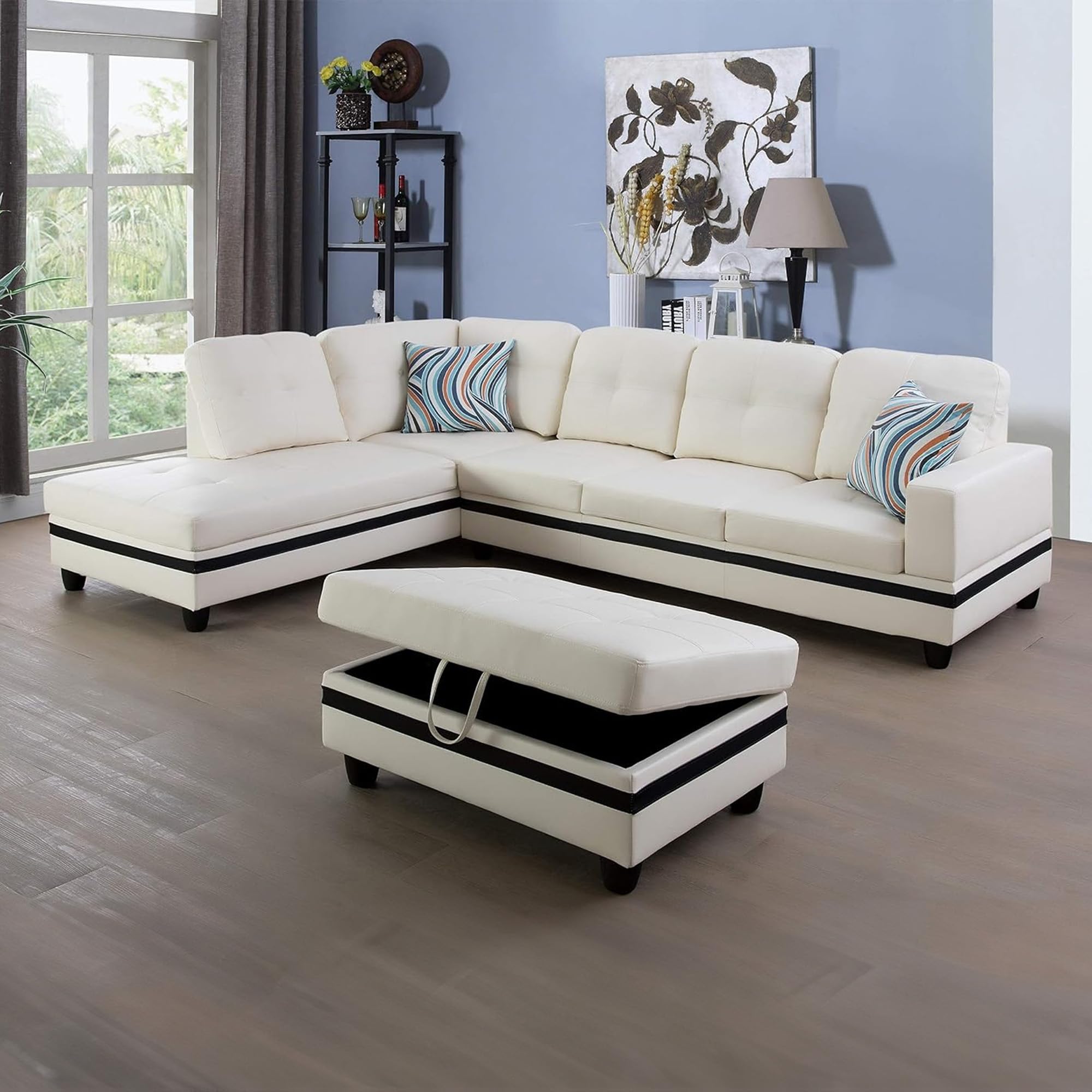 Sectional Set L Shape Couch, Faux Leather 5-seat Sofa with Storage Ottoman & Pillows, Left Hand Facing, White&Black