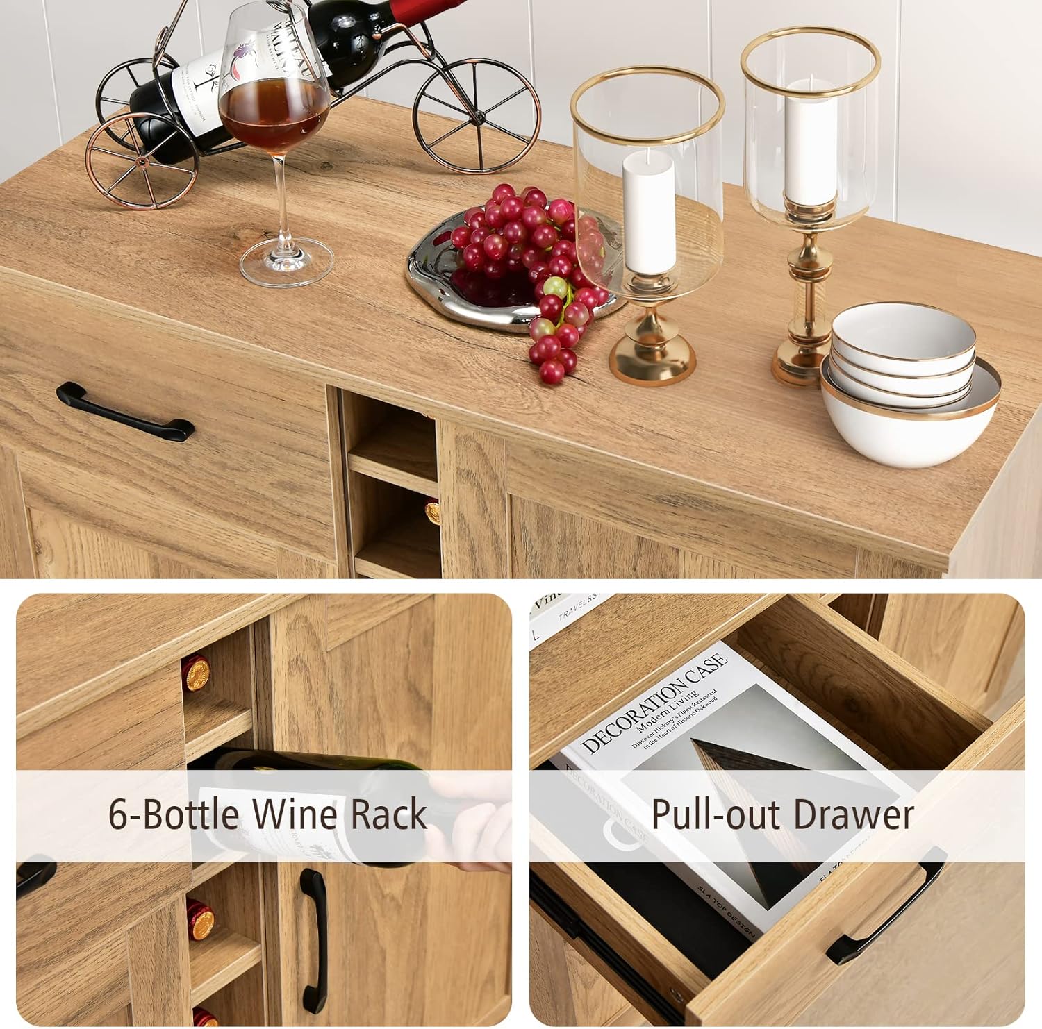 GOFLAME Wine Bar Cabinet, Buffet Sideboard with 2 Doors & 1 Drawer, 6-Bottle Wine Rack, Adjustable Shelves, Cupboard with Storage for Kitchen, Living Room, Natural