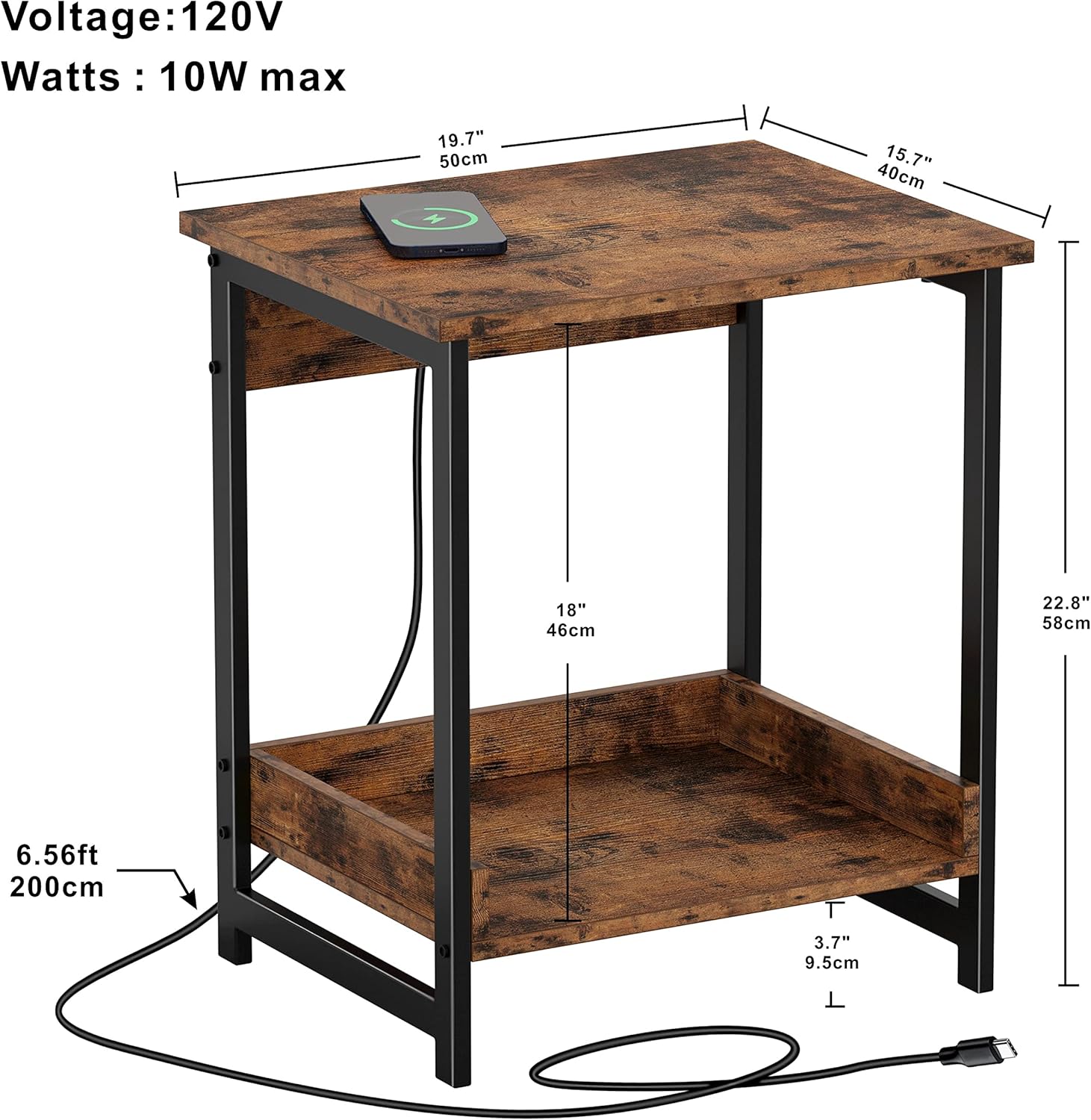 Diagram showing dimensions of the IRONCK Nightstand with Wireless Charging