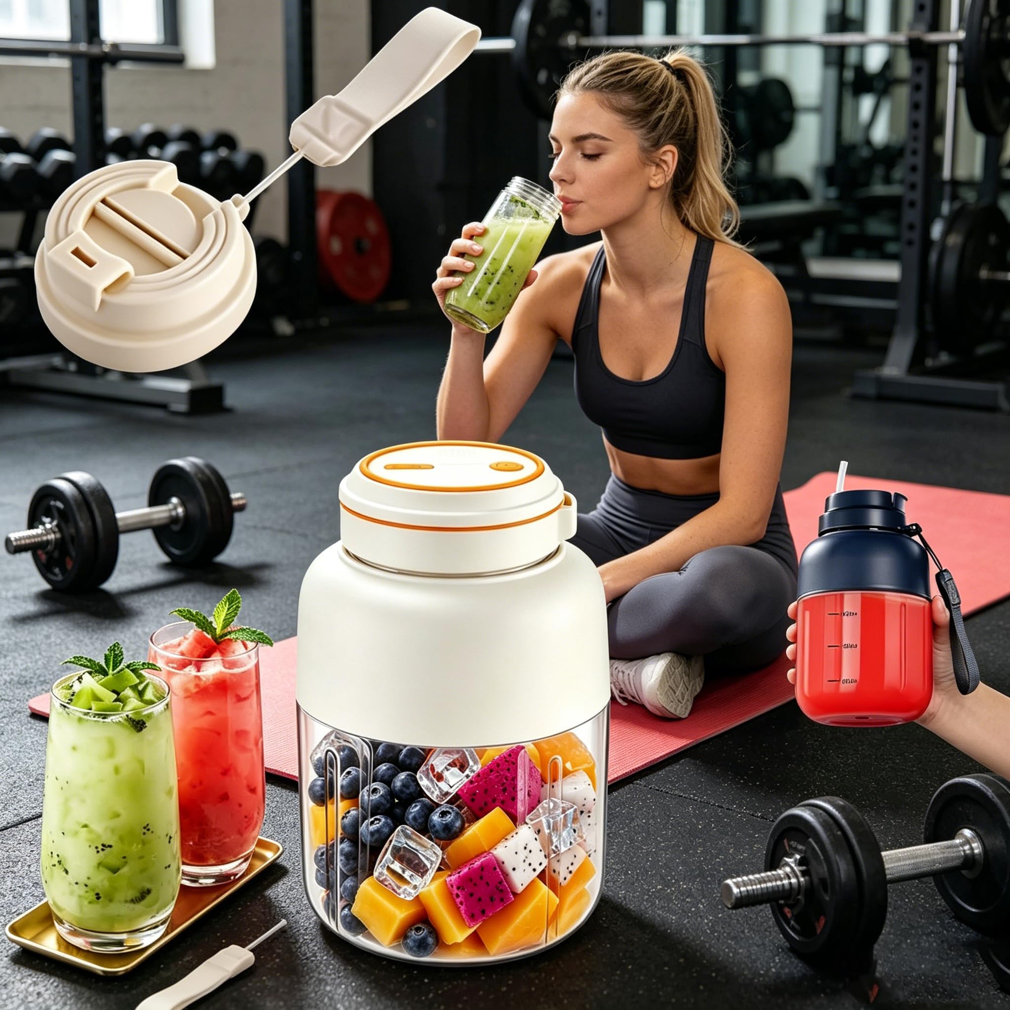 Spremiagrumi portatile senza fili, 1250 ml, frullatore di grande capacità con 3 velocità, doppio coperchio e manico a tenuta stagna, tazza da viaggio ricaricabile tramite USB, per frullati, frutta