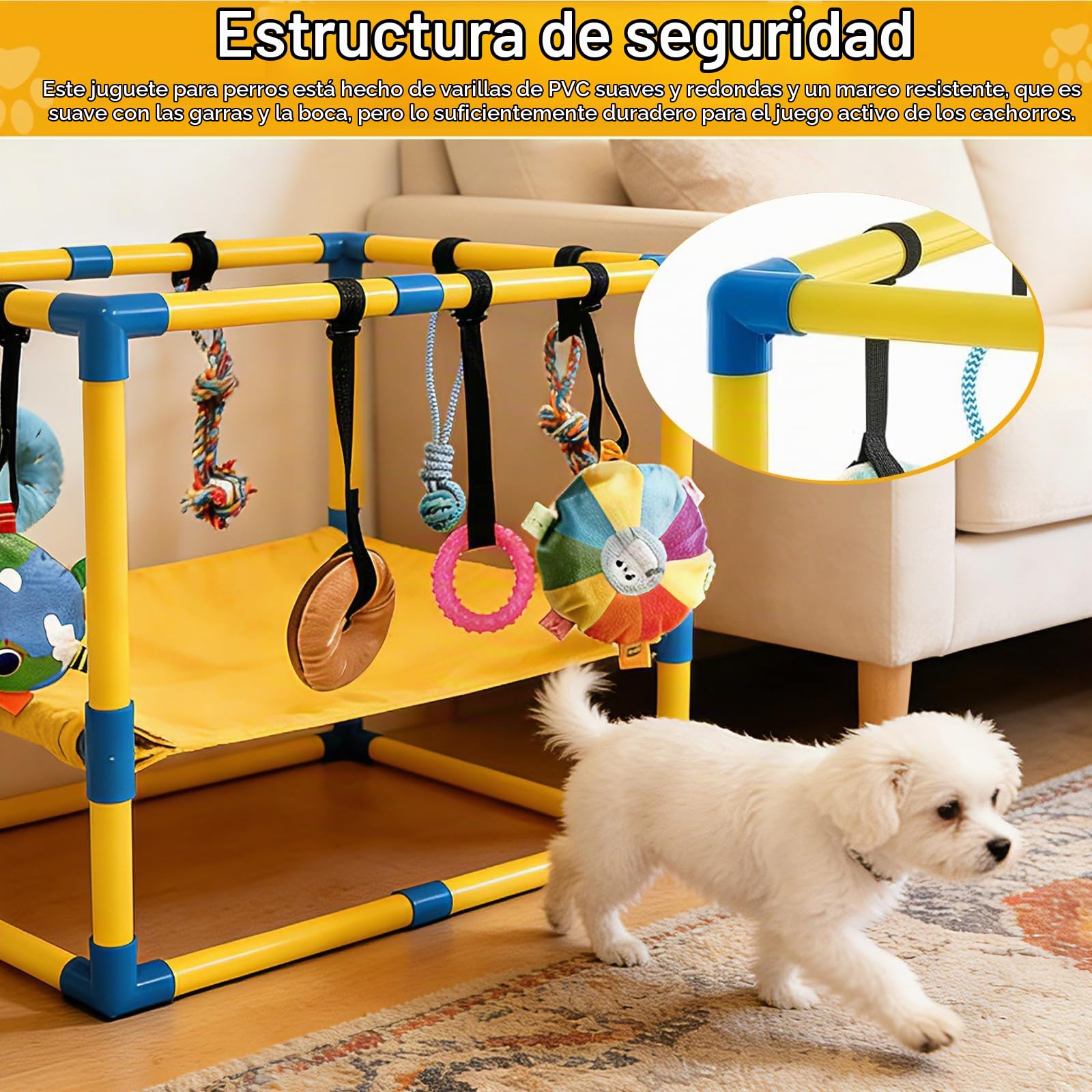 Gimnasio de Juego para Cachorros, Sala de Juegos para Perros de 60 x 40 x 40 cm con Hamaca y Juguetes Colgantes Gimnasio Interior de Selva con Juguetes para Perros para Promover el Ejercicio y Mental