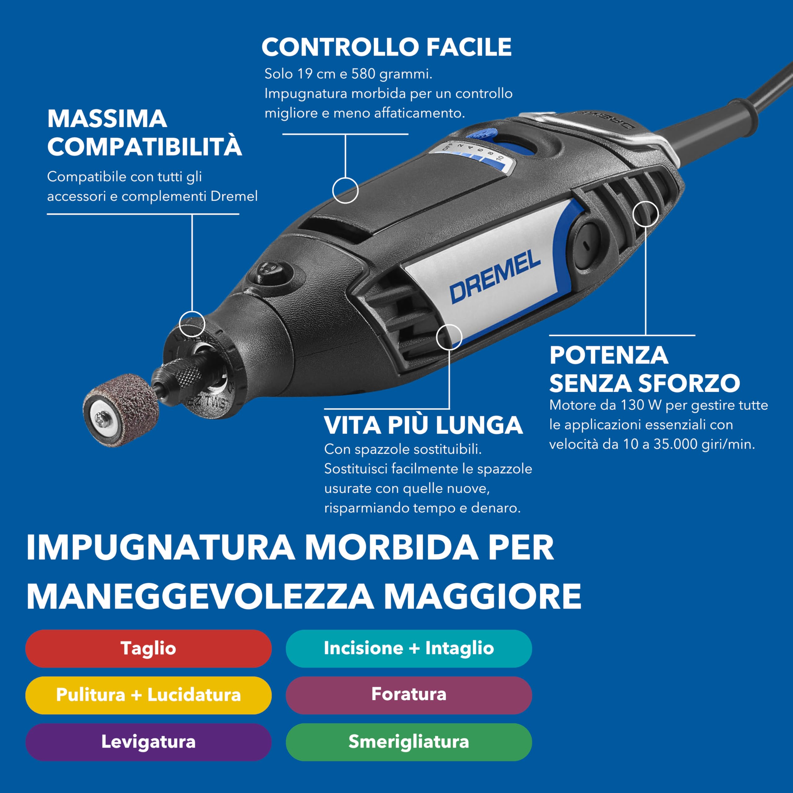 Dremel 3200 Multifunzione Rotativo 130W, Kit con 1 Albero Flessibile, 90 accessori, Velocità Variabile 10.000-35.000 giri/min para Taglio, Incisione, Intaglio, Pulitura, Foratura, Smerigliatura
