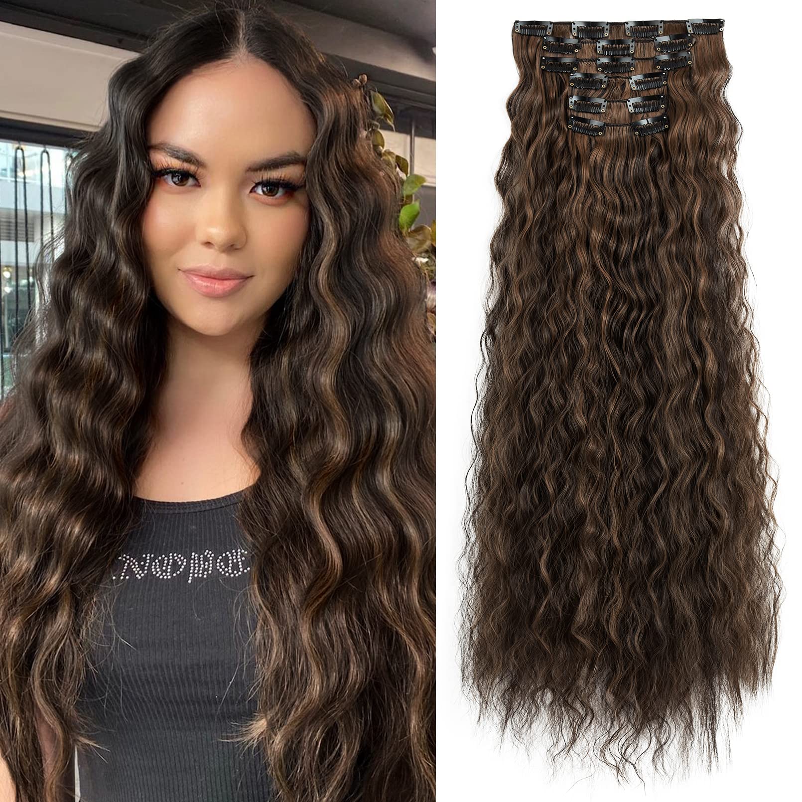 FLUFYMOOZ Clip In Hair Extensions,6PCS Hair Extensions Long Mermaid Waves Wavy Synthetic Clip On Hairpiece For Women 24 Inch (Dark Brown with