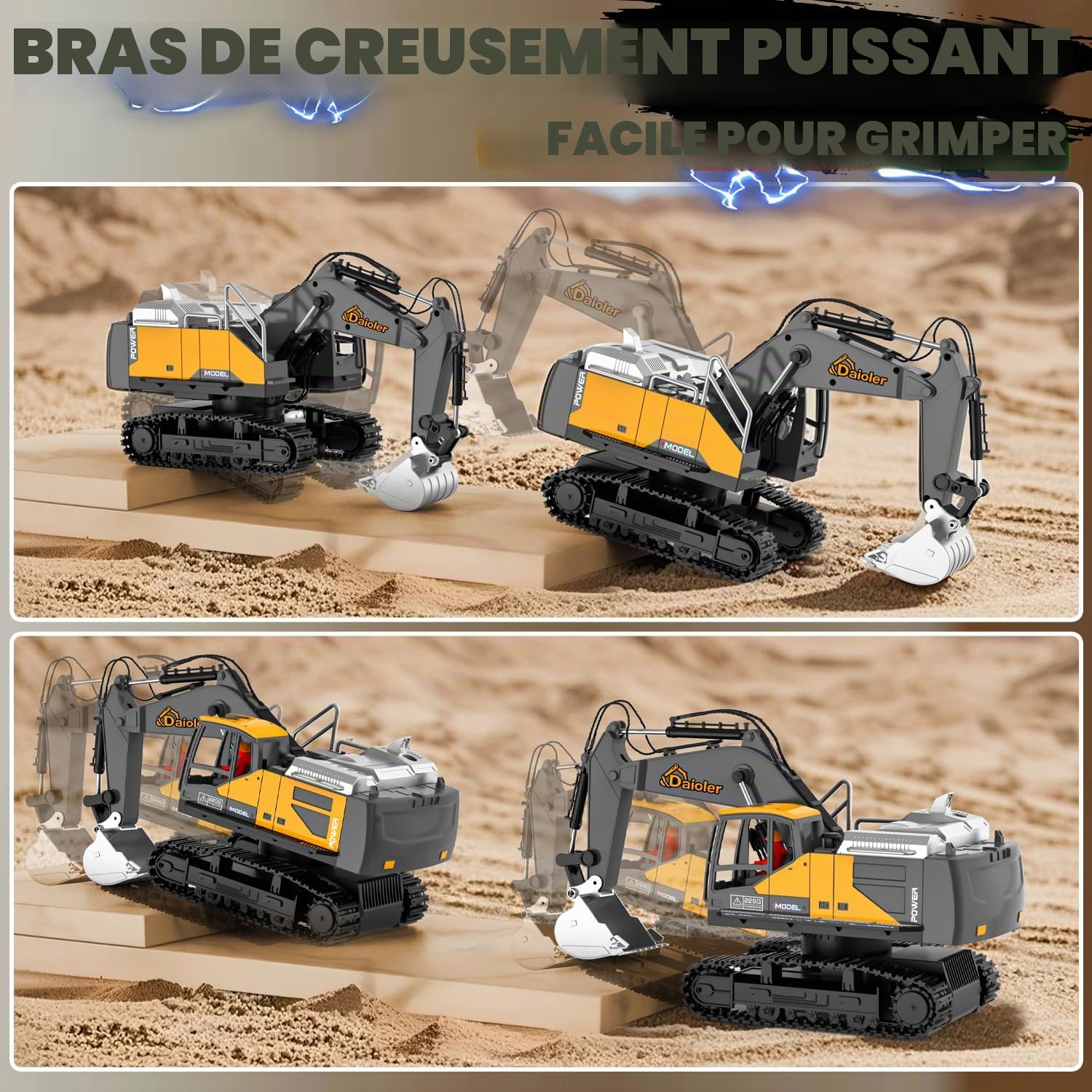 Pelleuse RC Jouet Véhicule de Construction pour Enfants 3-12, Voiture Télécommandée avec Pulvérisateur, Pelle en Métal / 3×Batterie / Rotation à 680°/Éclairage, Pelle Hydraulique pour