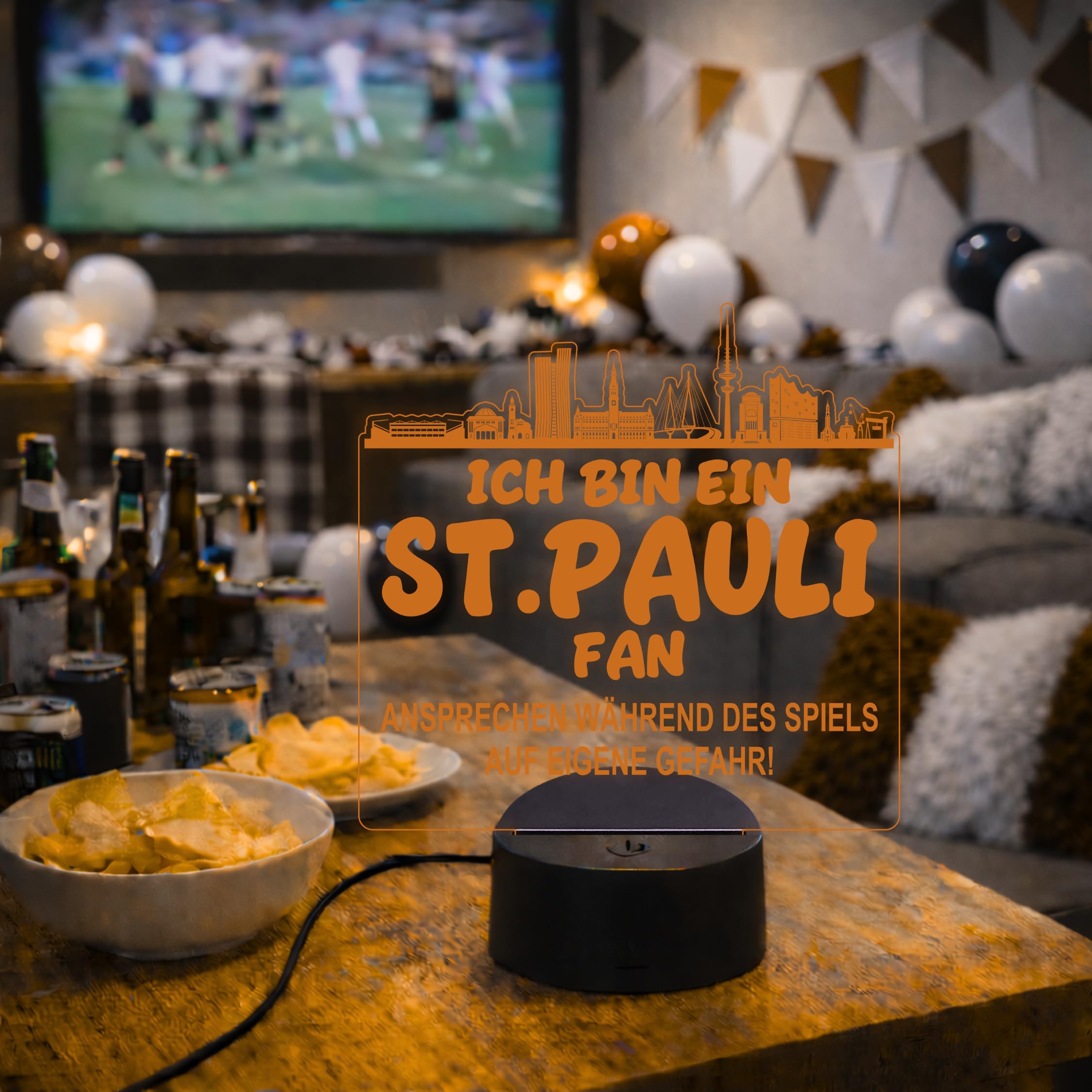 Lieblingsmensch St. Pauli Fan Fußball LED Nachtlicht – 3D Skyline Design „Ansprechen auf eigene Gefahr“ – RGB Farbwechsel mit Fernbedienung & Touch – Stimmungslicht für die Man Cave – 19x23cm