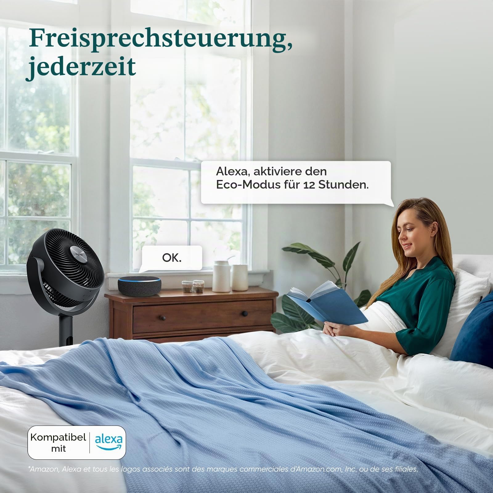 LEVOIT 20 dB, intelligenter Standventilator, DC-Motor, niedriger Stromverbrauch, mit WLAN, 4 Modi und 12 Windgeschwindigkeiten, 30 m Wind, 12 Stunden Timer, 90 ° + 120 ° Oszillation