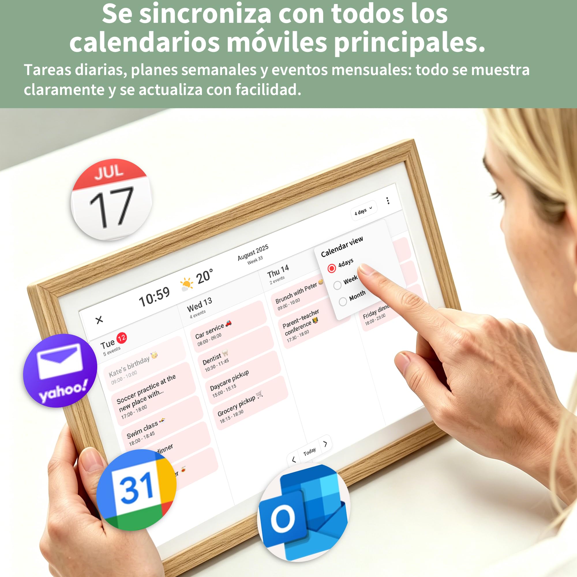 Veidoo Marco de Foto Digital WiFi, Pantalla Táctil de 10 Pulgadas, 32 GB Memoria, Rotación Automática, Música/Video/Calendario/Reloj, Fotos y Videos a través Frameo, Regalo para la Familia(Burlywood)
