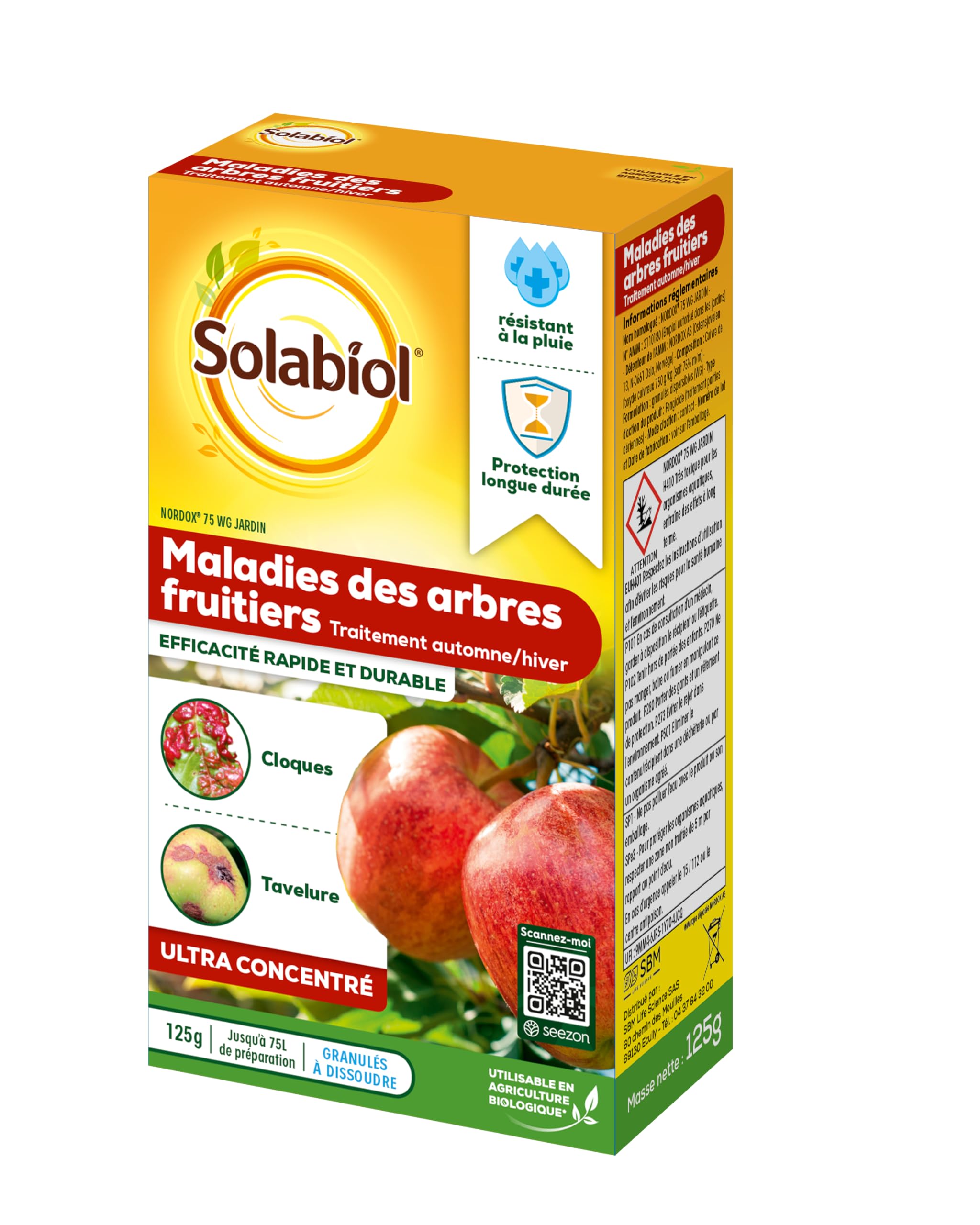 SOLABIOL Maladies Des Arbres Fruitiers - 125g - 75L De Solution - Fongicide Préventif - Lutte Contre Tavelure Bactériose Cloque - Résite Aux Intempéries SONORD125