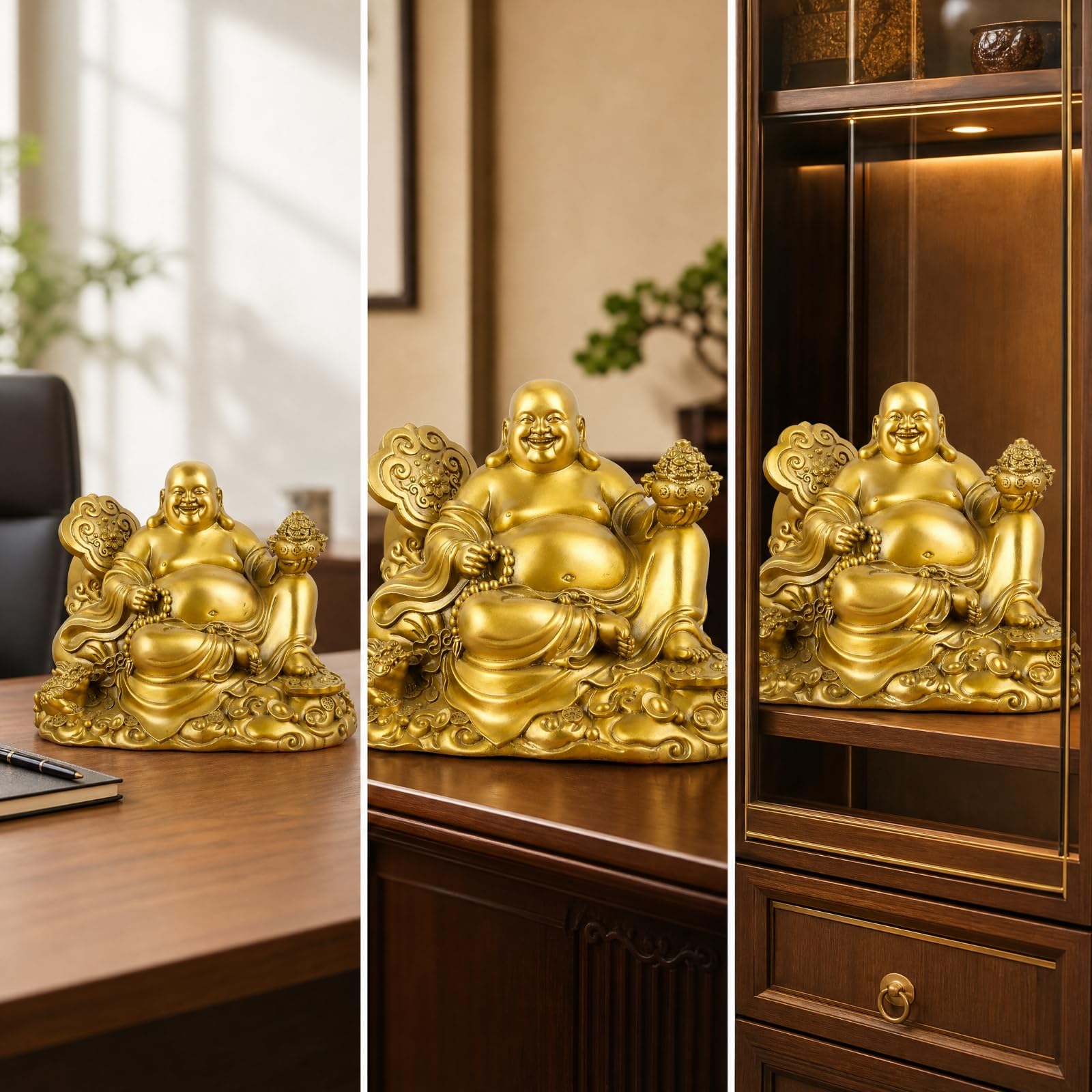 Statue Bddha Maitreya Rieur en Cuivre Décoratif Statue Bddha Rieur Religieux Statute Maitreya pr Bureau, 38CM