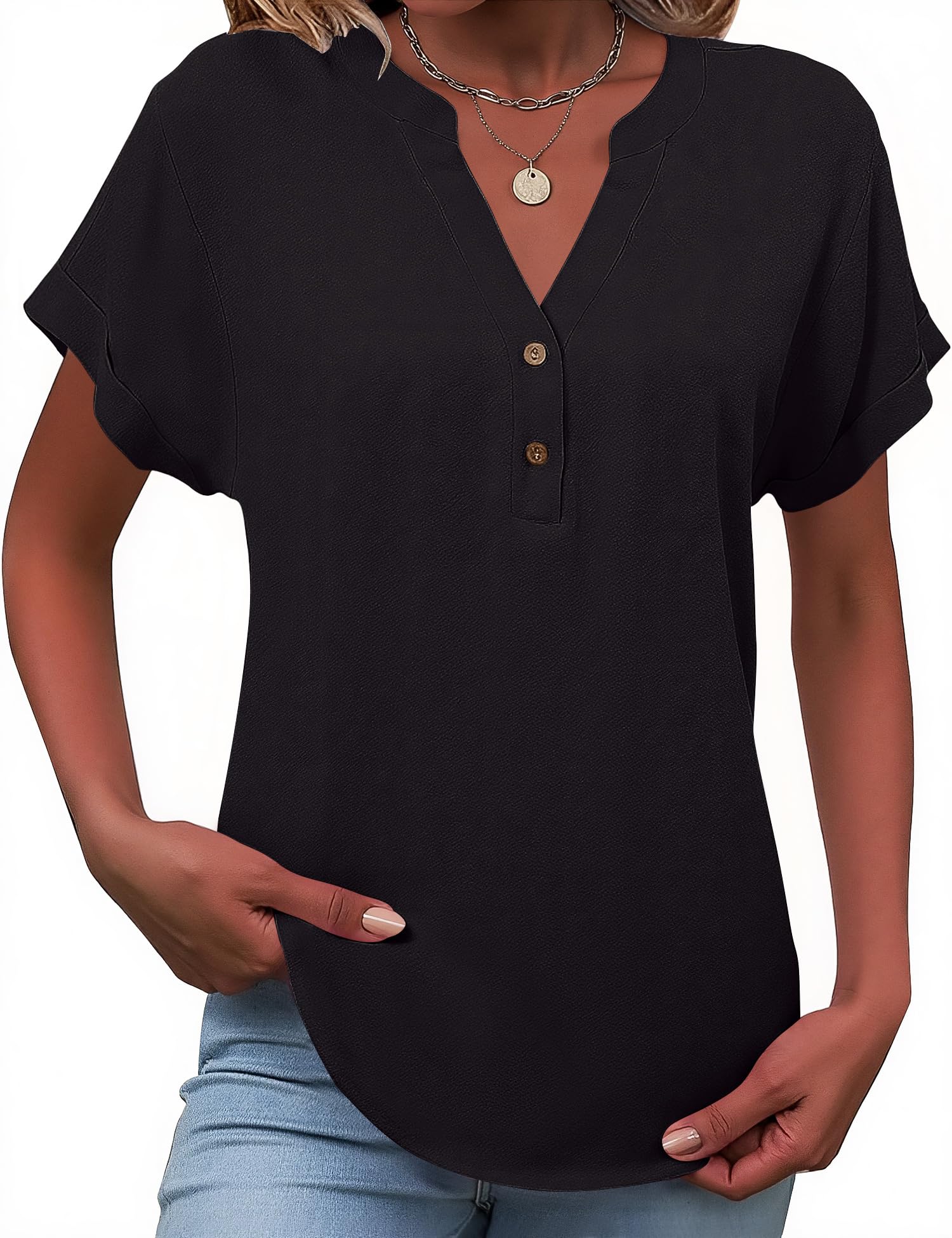 Tisfeer Leinenbluse Damen Sommer Kurzarm Bluse Baumwolle Leinen V-Ausschnitt mit Knopfleiste Locker Lässig Tunika Einfarbig