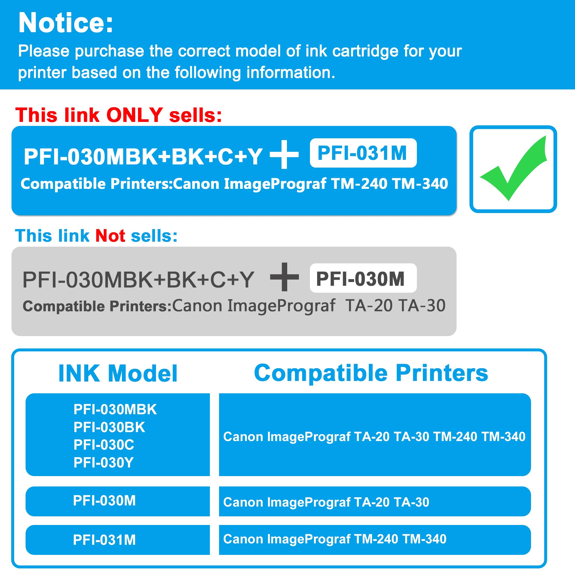 LCL PFI-030 PFI-031 Cartuccia d'inchiostro compatibile PFI030 PFI-030 PFI-031 PFI-030MBK PFI-030BK PFI-030C PFI-031M PFI-030Y Sostituzione per Canon ImagePrograf TM-240 TM-340 (FI030MBK/K/C/Y+PFI031M)