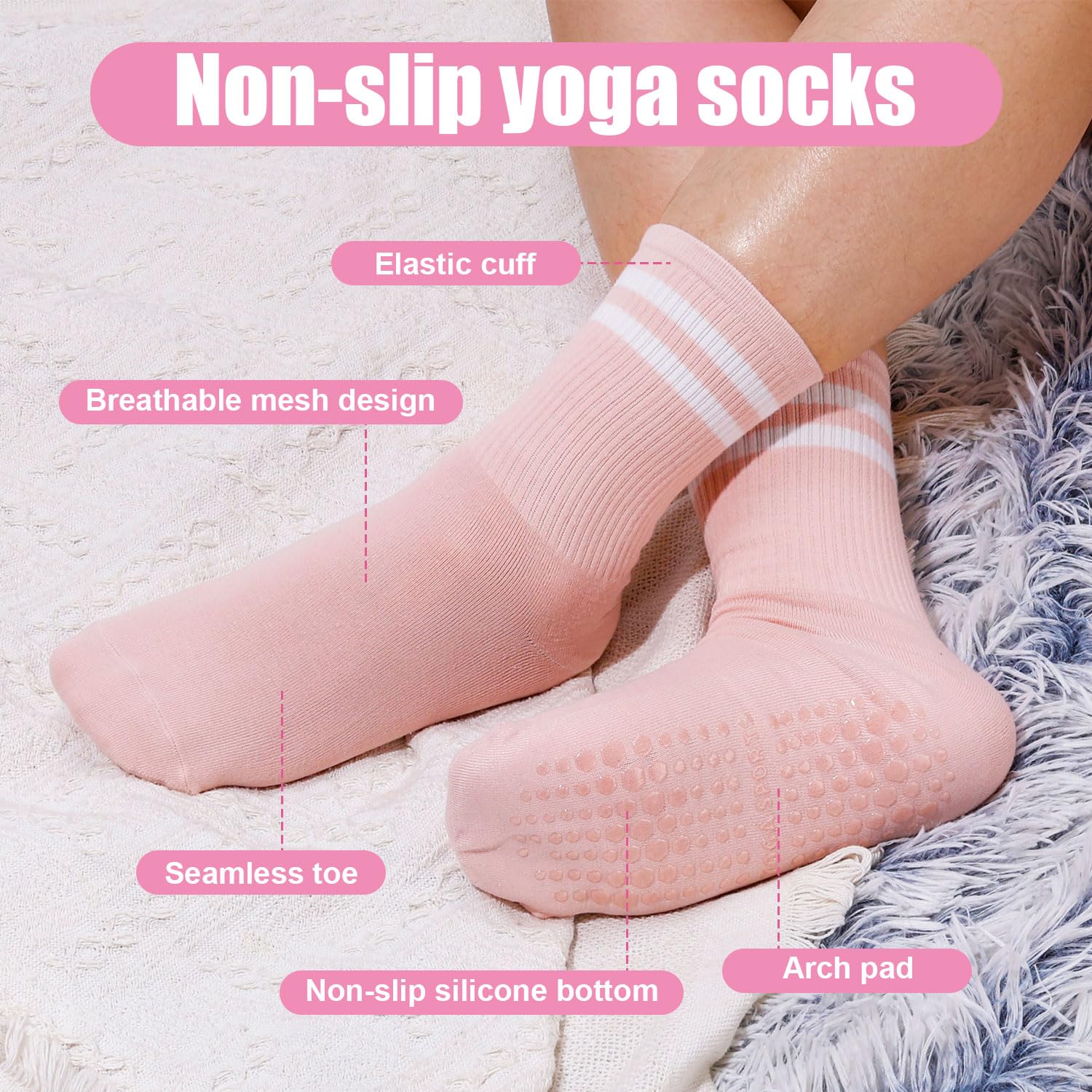 4 Pary Skarpetek Pilates, Skarpetki Pilates Grippy dla Kobiet Dlugie Antyposlizgowe Skarpetki do Jogi Skarpetki do Jogi z Uchwytami dla Kobiet Skarpetki do Jogi Skarpetki do Barre
