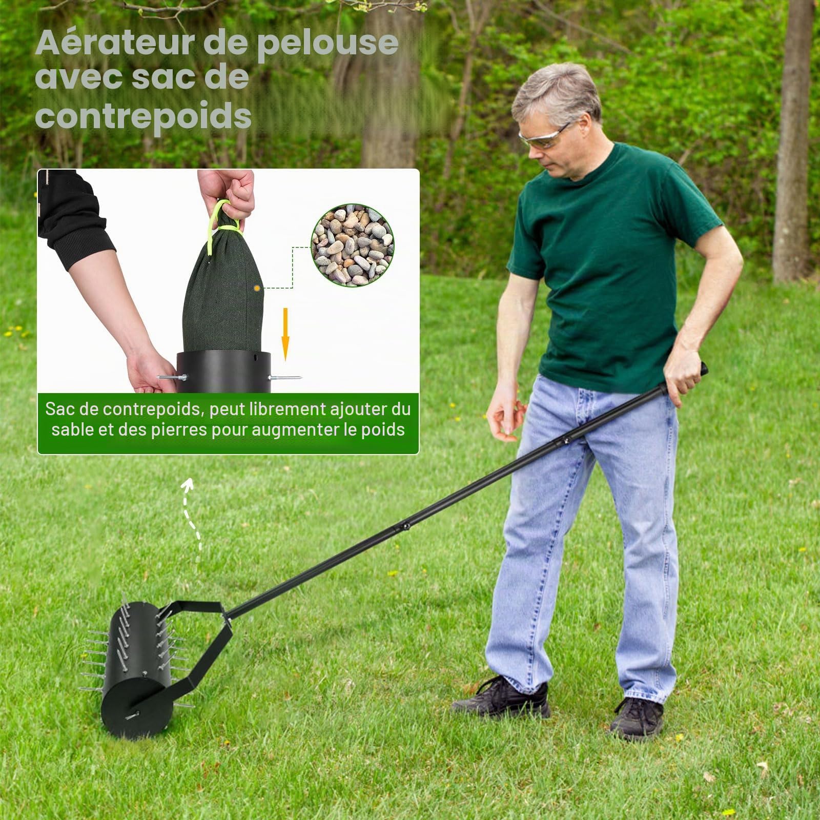 Aérateur de pelouse, manuel, aérateur de pelouse, rouleau de gazon avec 39 clous (6 cm) et manche, scarificateur manuel pour cours, surfaces de pelouse dans le jardin (44 cm x 141 cm/93,5 cm)